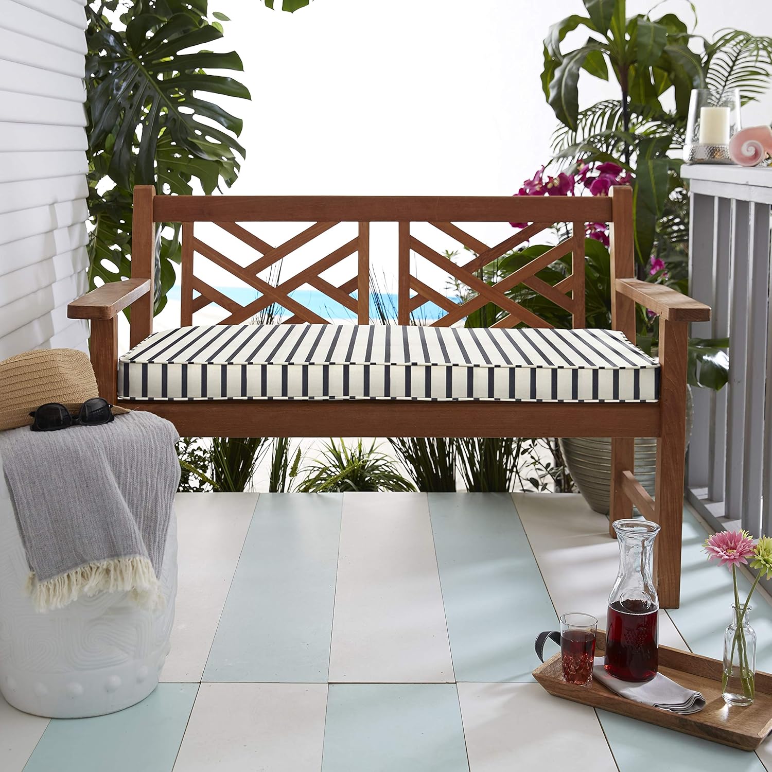 Sorra Home Sunbrella Corded Bench Cushion - Fade & Water Resistant, Outdoor & Indoor Long Patio Furniture Cushion with Plush Foam - Lido Indigo (42" x 20" x 2")