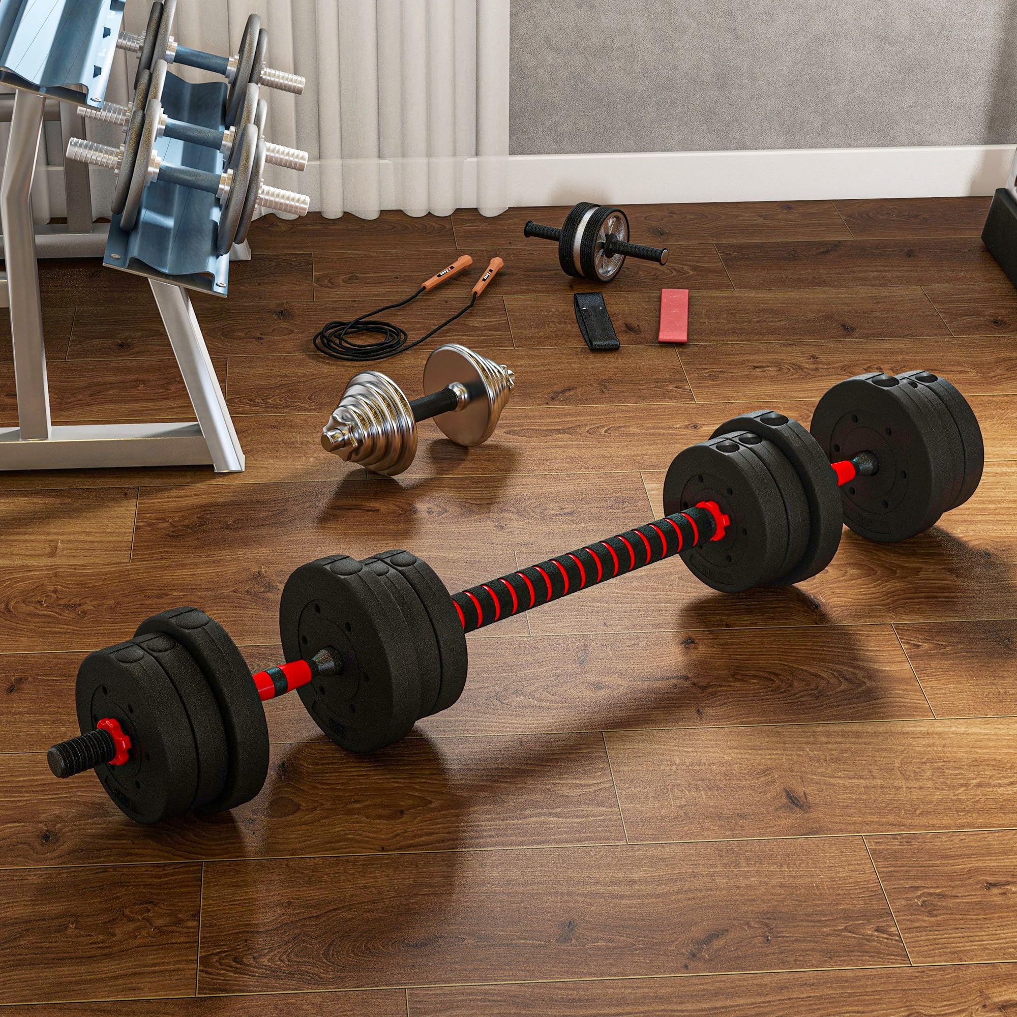 HOMCOM Kit Haltères Musculation 2-en-1, Lot de 2, 15/20/25 kg, poids réglable - Barres incluses - entraînement Musculaire & haltérophilie - HDPE Noir Rouge