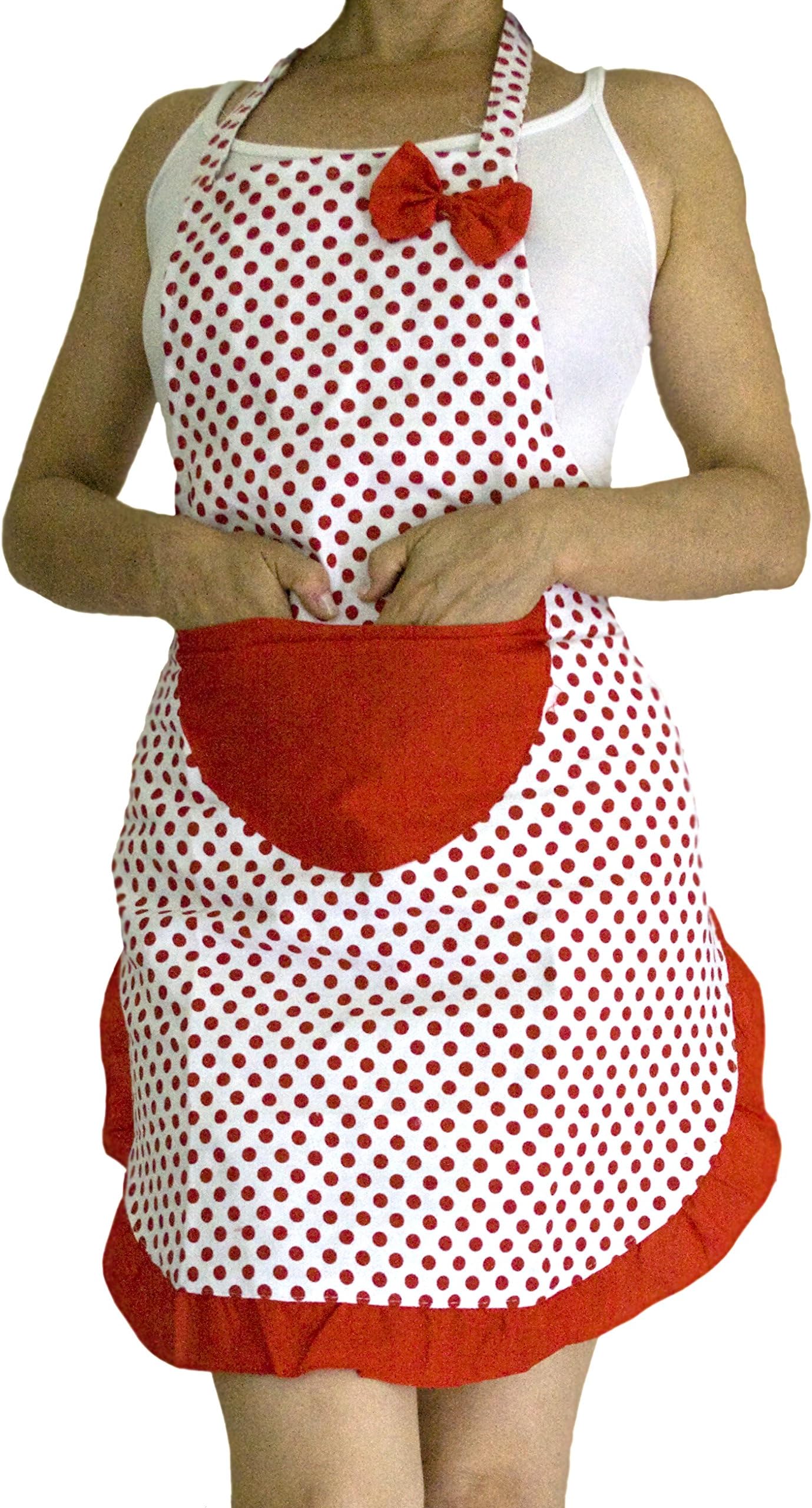 Cute and Flirty, with Dotted Pattern and Red Pocket on White Background, Polycotton Canvas Multifunctional Waterproof Apron for Women, to Protect Your Cloth While Cooking, Painting, Gardening, Art Crafting and Much More (Red)