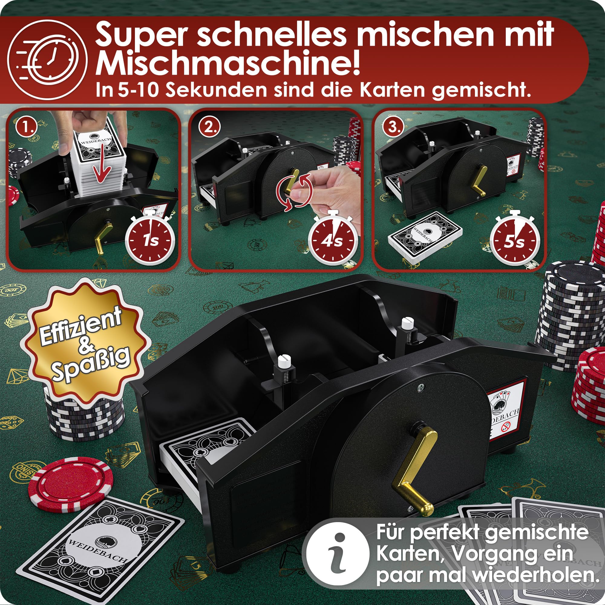 Weidebach® Schwarze Kartenmischmaschine mit Goldener Kurbel für alle Standard Kartenspiele, Kartenmischer mit 2X Kartenspielen & Ersatzkurbel, Karten Mischgerät mit Buch für lustige Spieleabende