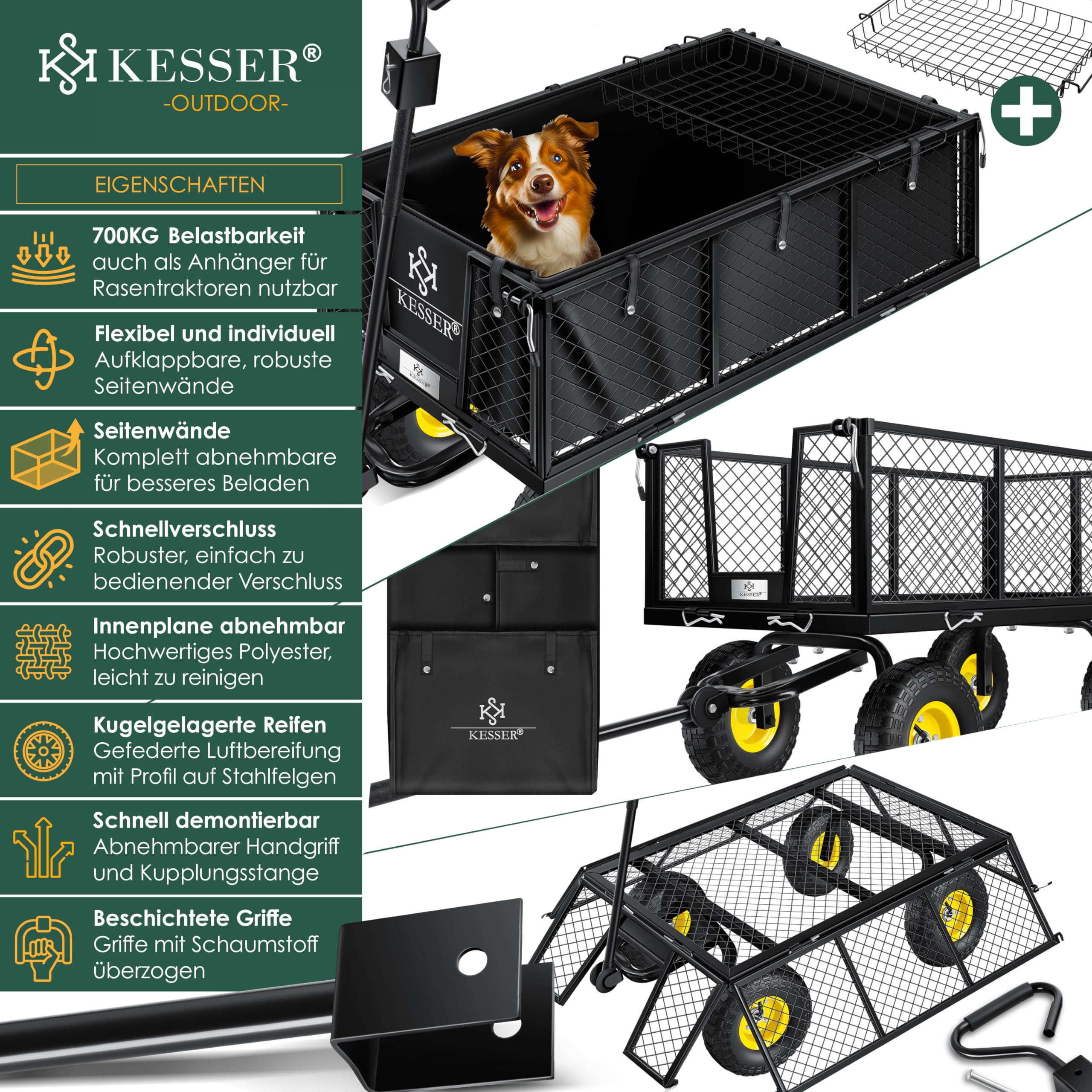 KESSER® Gartenwagen Bollerwagen Transportwagen 700kg belastbar Gartenkarre, inkl. herausnehmbare Plane, Luftreifen Gerätewagen Handwagen vielseitig einsetzbar inkl. Handschuhe + Ablage, Farbe:Schwarz
