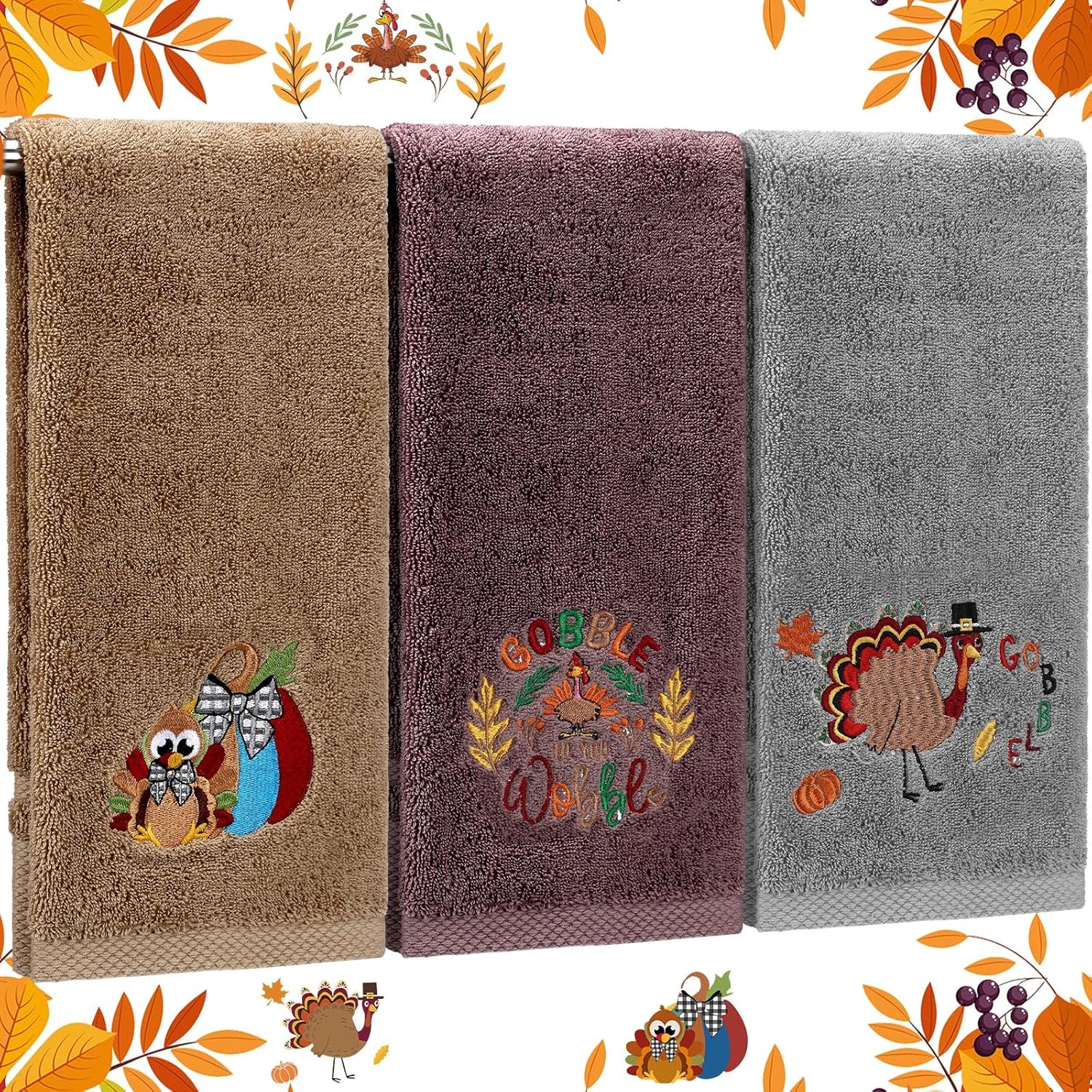 Fanfanwin 3 Pcs Thanksgiving Hand Towels for Bathroom 13.8 x 29.5 Inch Fall Decorative Bath Towels Sets 100% Cotton Embroidered Pumpkin Autumn Maple Bathroom Decor(Orange and Brown,Pumpkin)