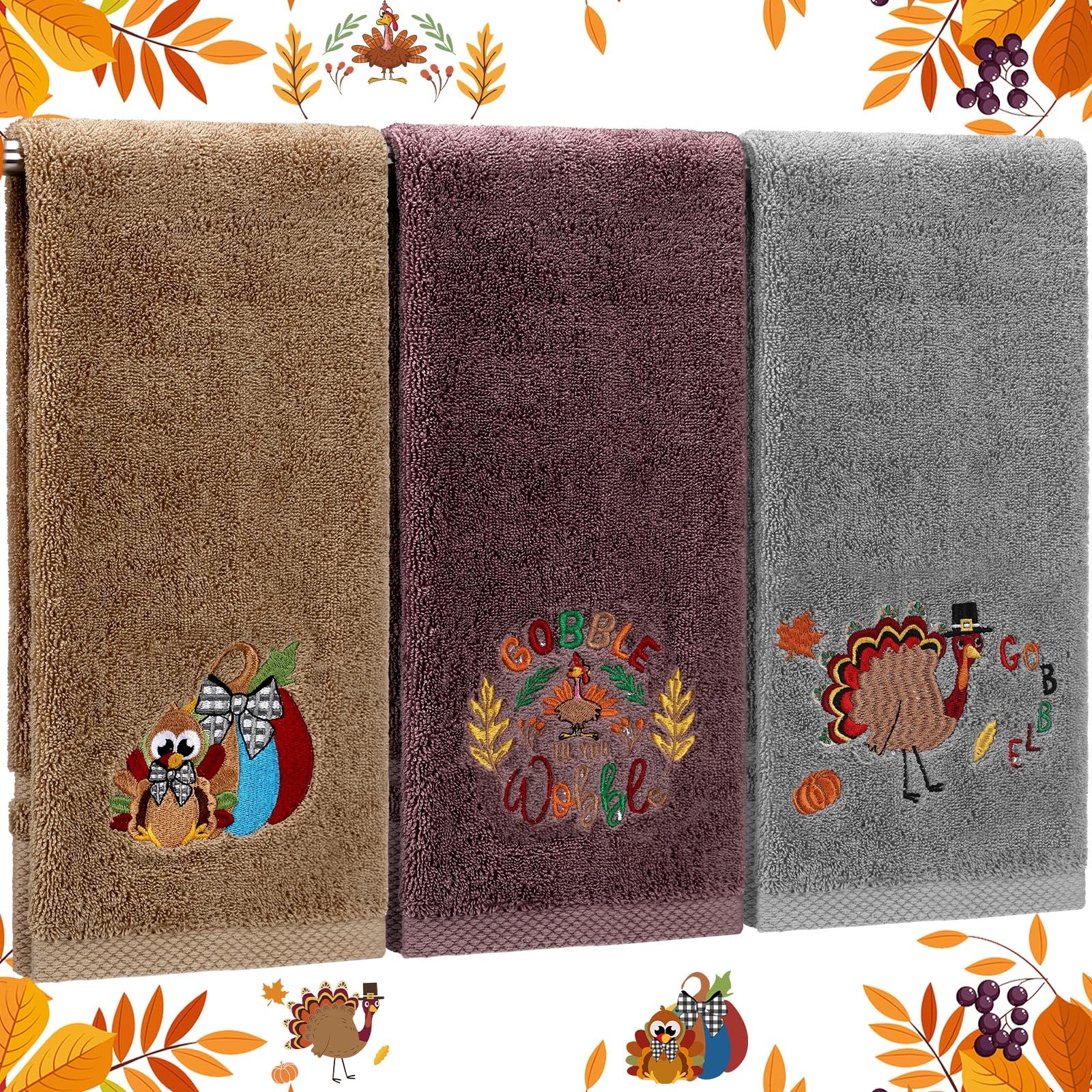 Fanfanwin 3 Pcs Thanksgiving Hand Towels for Bathroom 13.8 x 29.5 Inch Fall Decorative Bath Towels Sets 100% Cotton Embroidered Pumpkin Autumn Maple