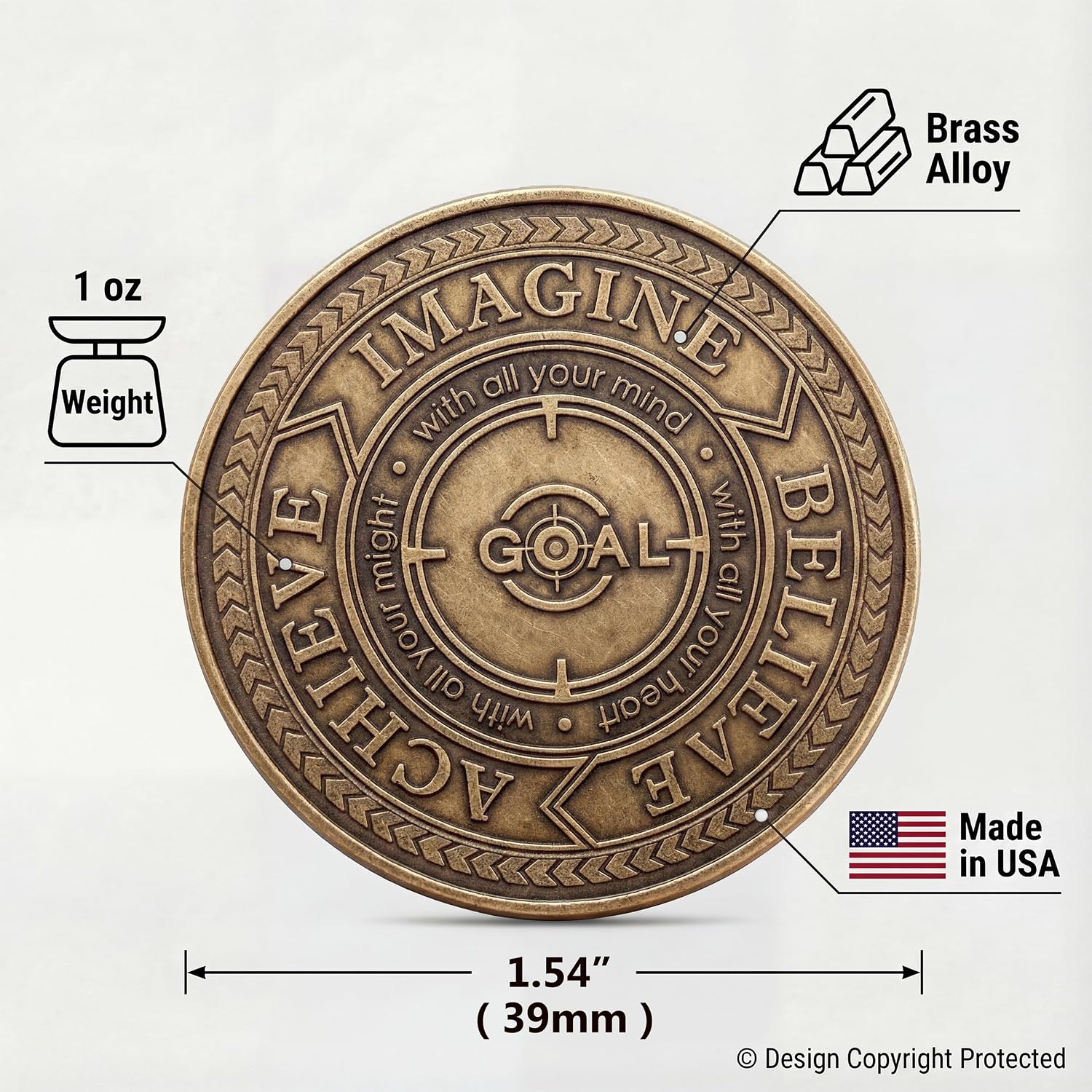 EDC Reminder Coins Goal Achiever Coin, 1.54 Inch Antique Bronze Finish, Motivational Daily Token for Discipline and Focus
