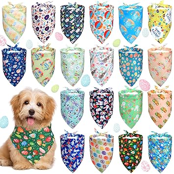 20 Packs Easter Bandana for Dogs Triangle Dog Easter Bandana Handkerchiefs Easter Dog Bandana Adjustable Pet Easter Bibs Scarf Bunnies Eggs Easter Puppy Outfit for Small Medium Large Dogs Pets