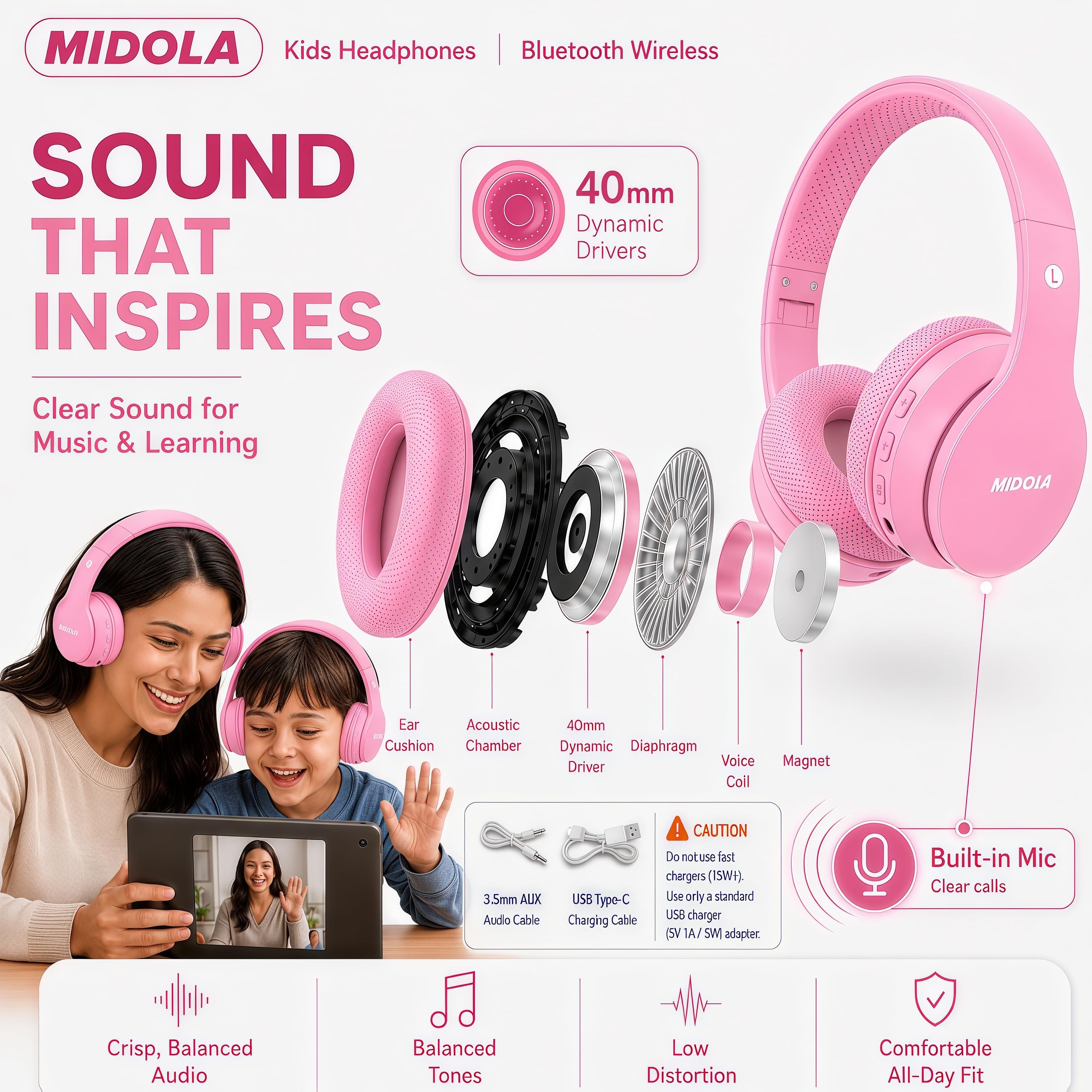 MIDOLA Auriculares Bluetooth inalámbricos para niños, límite de volumen de 85 dB/110 dB, protección contra el ruido, plegables, con cable, cable AUX, micrófono para niños, niñas, viajes, escuela,