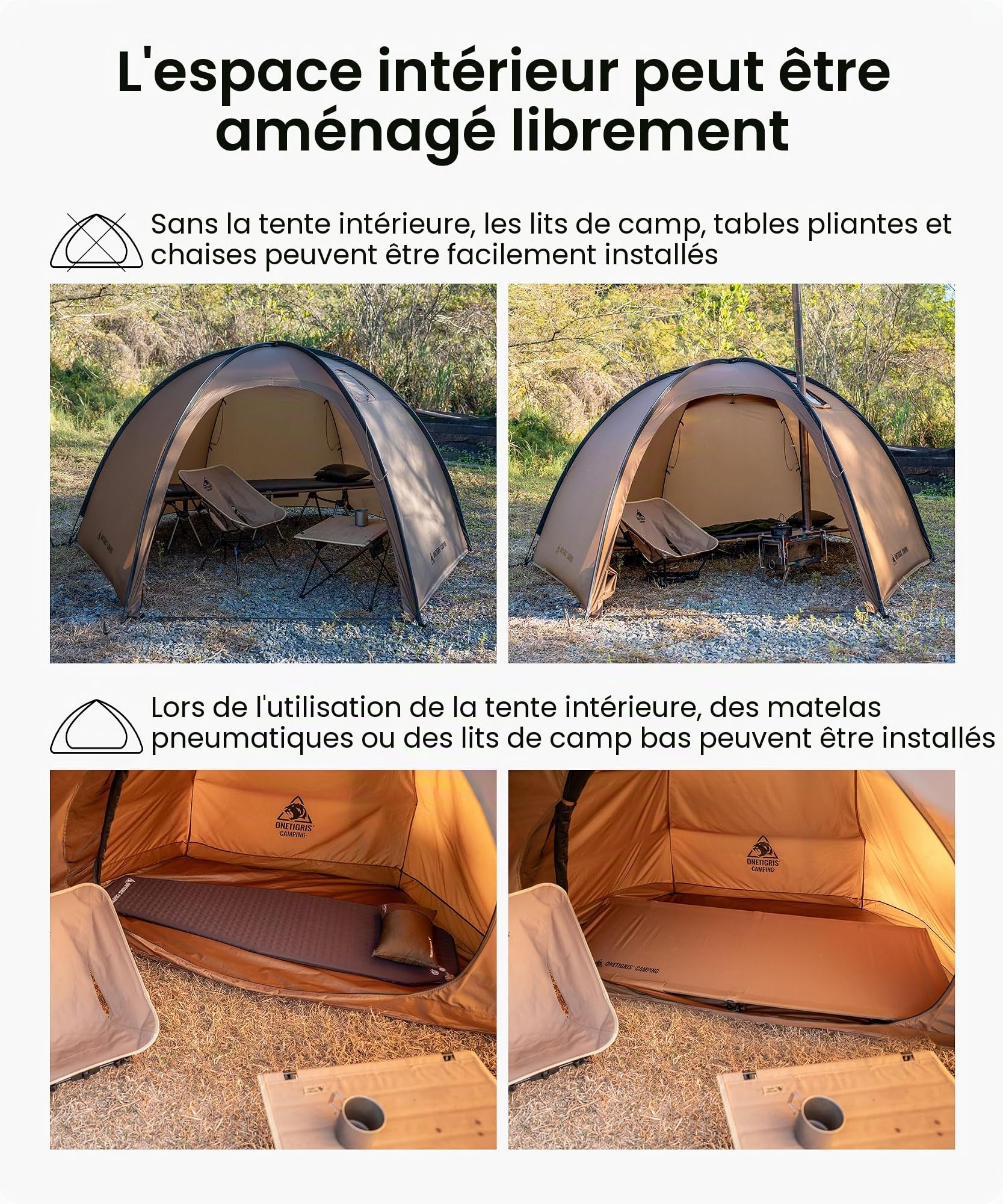 OneTigris Coco Nest Tente dôme grande avec ouverture pour cheminée, tente chaude avec moustiquaire intérieure pour 1 personne, tente de camping étanche 3000 mm, pour le solocamping, la randonnée et