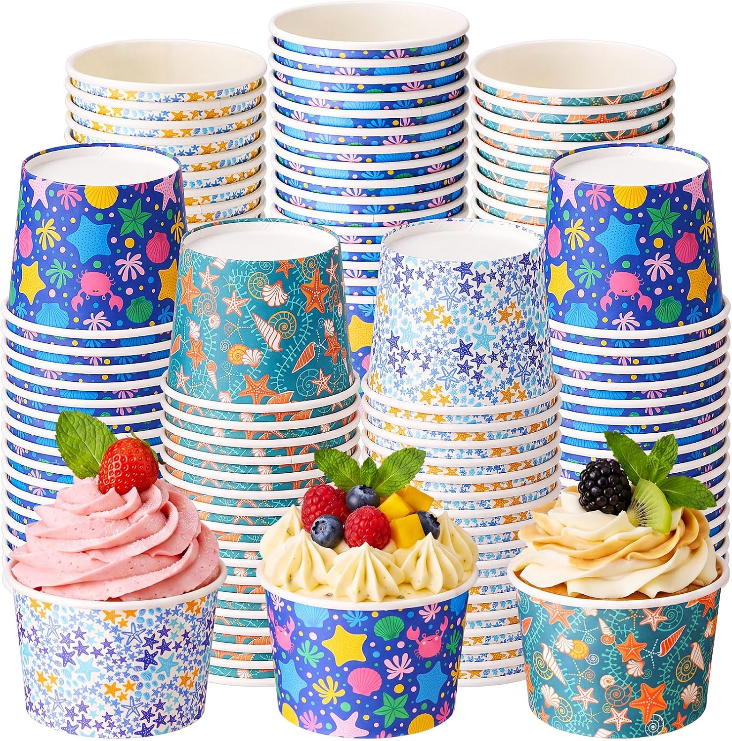 Newtay 120 Pcs Summer Ice Cream Cups 8oz Disposable Under The Sea Marine Life Paper Bowls Dessert Snack Yogurt Bowls for Summer Birthday Ocean Beach Picnic Holiday BBQ Party Supplies