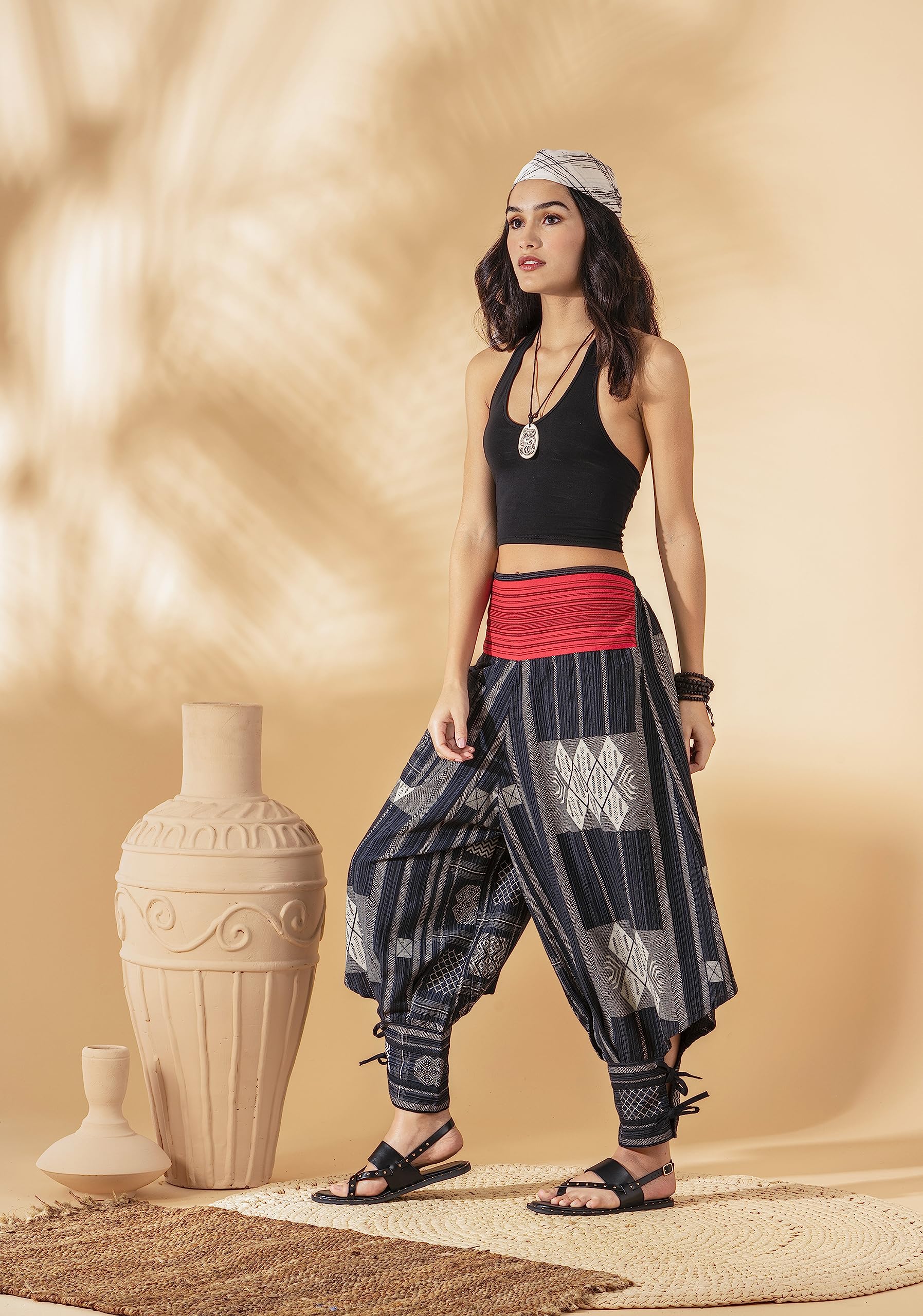 The Veshti Company Cotton Hippie Harem Pants for Women's High Waist Low Crotch Loose Baggy Tapestry Yoga Pajama Pants, Black - Shadow Warrior, M 1