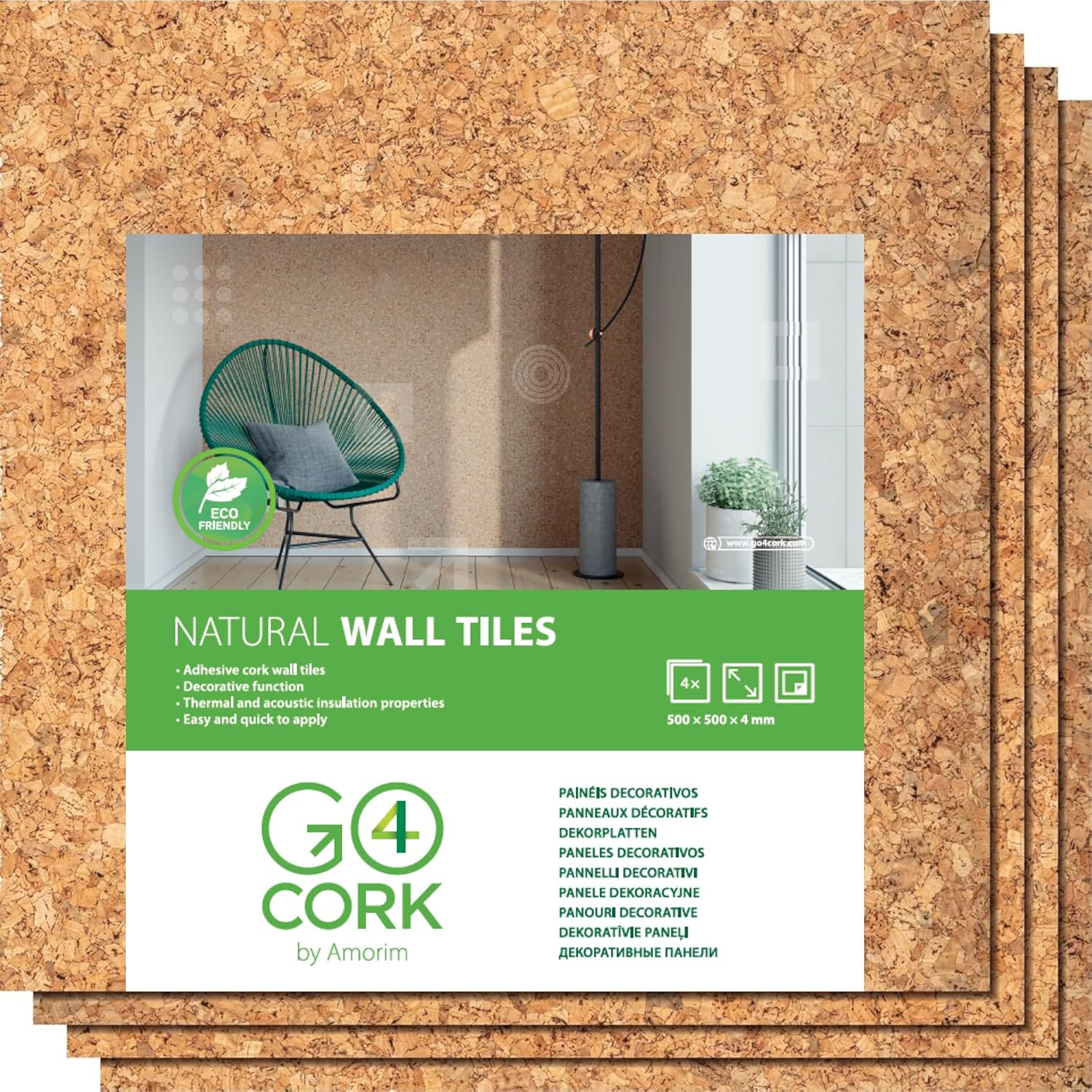 Go4Cork Large Square Adhesive Cork Tiles - 19.7" x 19.7", Pack of 4 | Sticky Back Eco Cork Tiles | Multipurpose for Crafts & Home, Classroom & Office Organization Decor | Anti-Slip & Easy to Use