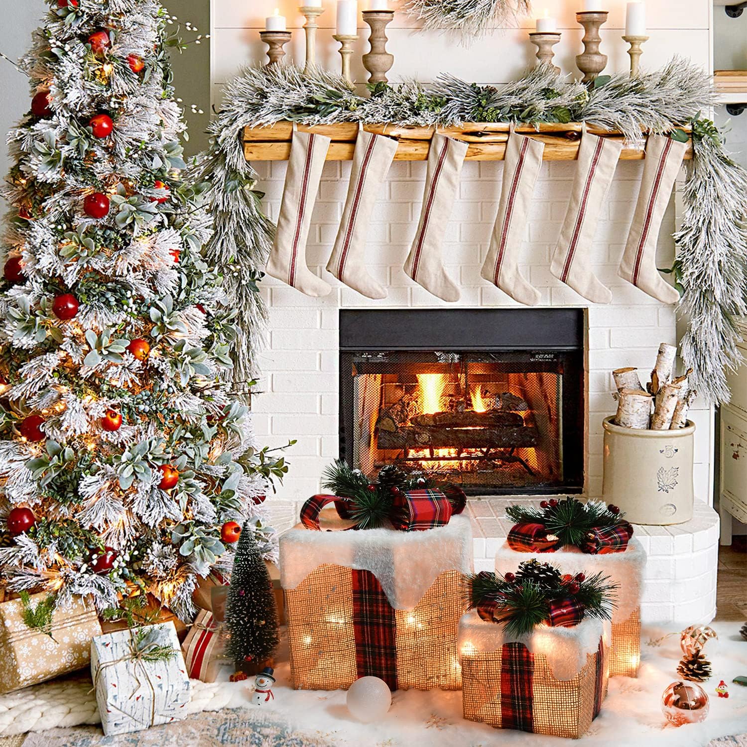 Lvydec Lighted Gift Boxes Christmas Decoration, Set of 3 Flaxen Christmas Tree Gift Box with Built-in LED Lights for Indoor/Outdoor Holiday Home Party Porch Christmas Tree Skirt Decoration : Patio, Lawn & Garden