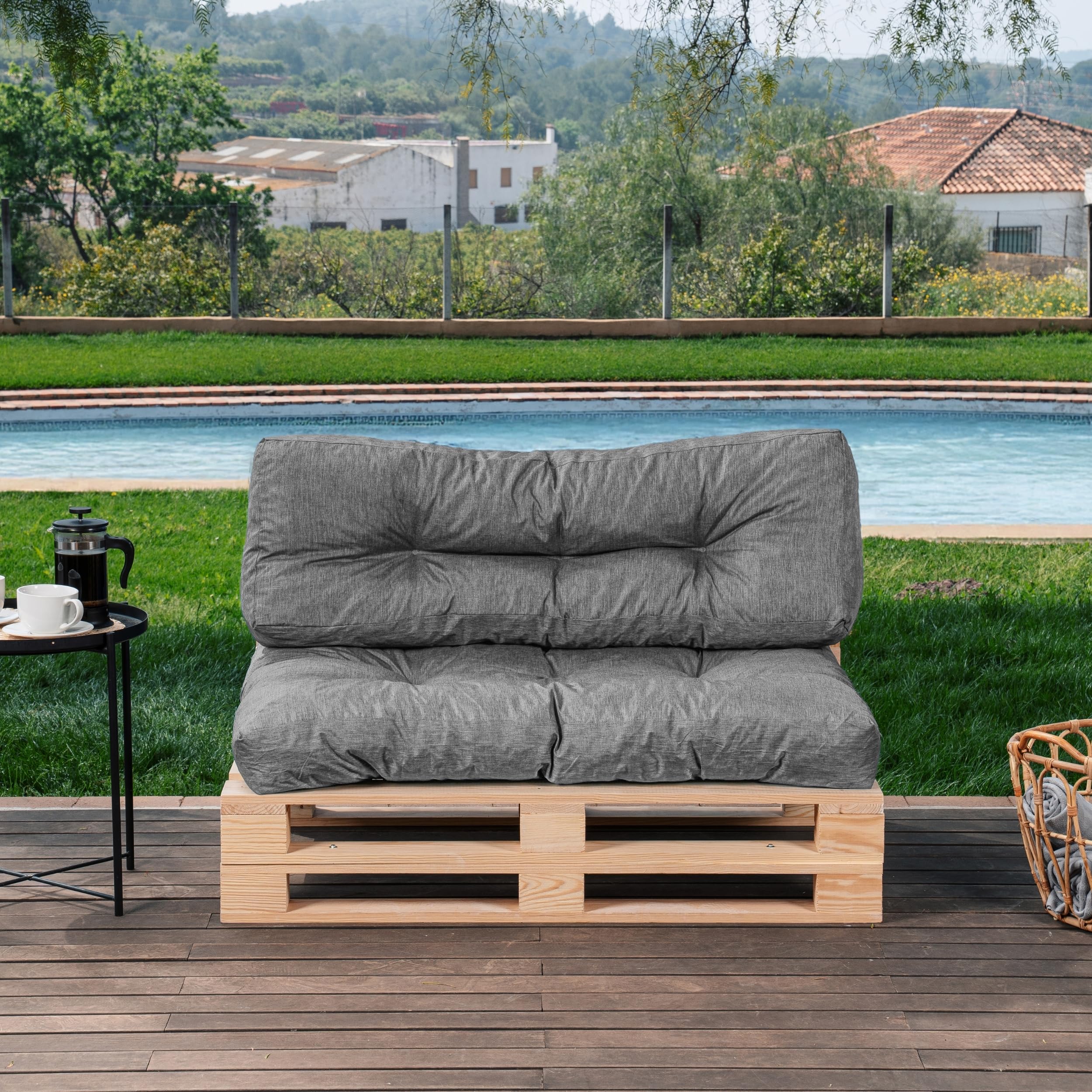 bananair - Coussin Palette Extérieur Confortable - Tissu Résistant, Anti-UV & Déperlant - Coussin Salon de Jardin Extérieur, Balcon, Terrasse (Lot Assise + Dossier, Gris)