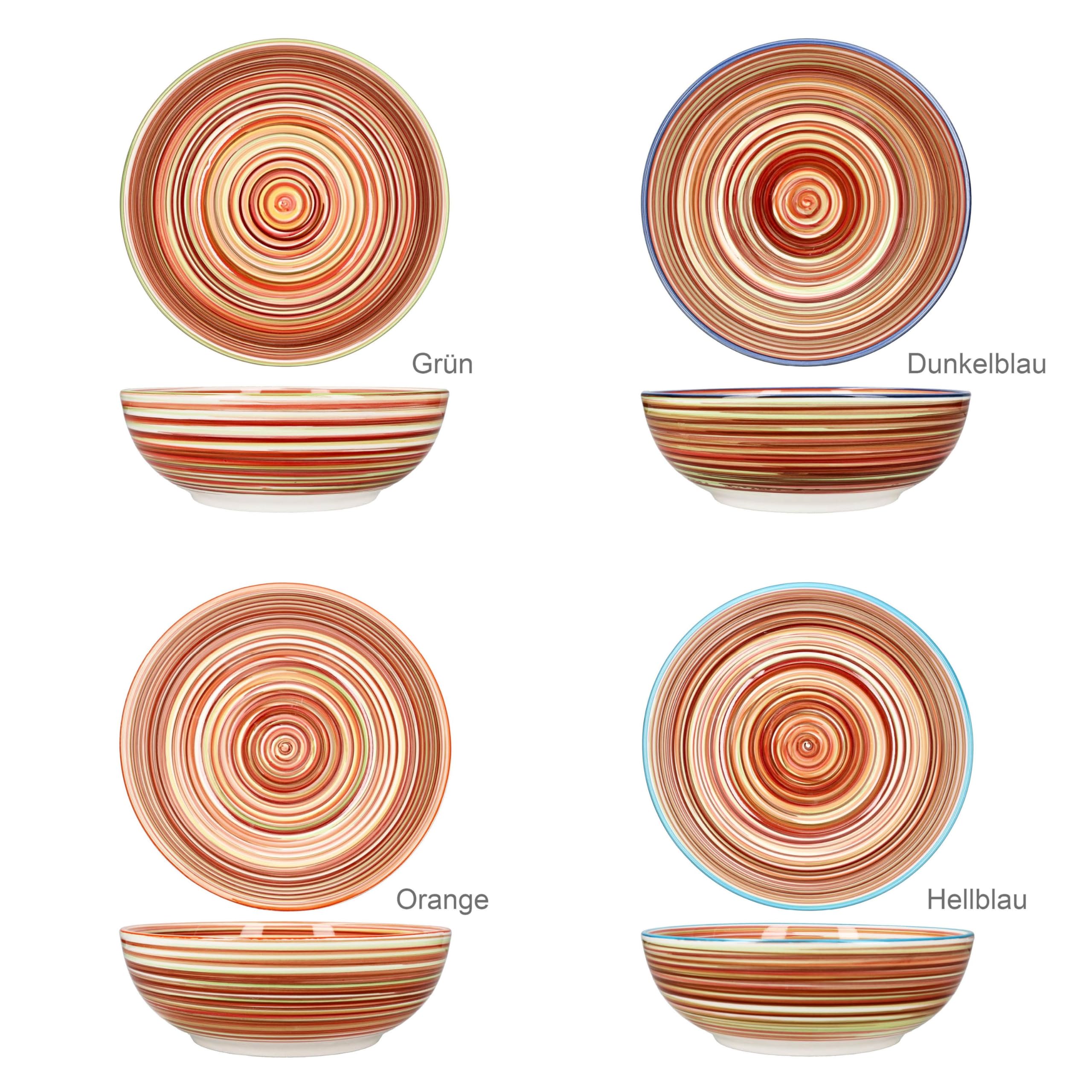 MamboCat Linea - Lot de 4 bols à spaghetti profonds - Diamètre : 22,5 cm - 1,25 l - Assiettes à pâtes méditerranéennes rayées avec 4 bords colorés - Pour 4 personnes - Vaisselle en faïence