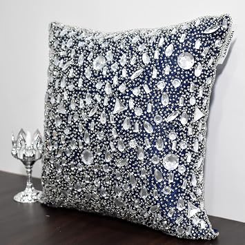 Navy Blue Silver Beaded Throw Pillow Cover Decorative Pillow Luxury Contemporary Modern Handmade Pillow Cover Embroidered Embellished Custom Personalised 9 x 18 Inches
