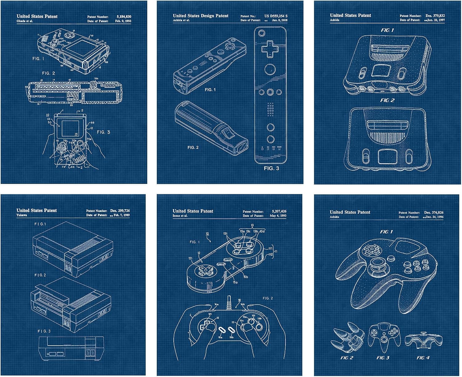 Classic Video Game Console Controller Patent Prints, 6 (8x10) Unframed Photos, Wall Art Decor for Home Work Office Studio Tech Lounge Robotics Gears Online Battle Royales Gaming Shop School Student Teacher