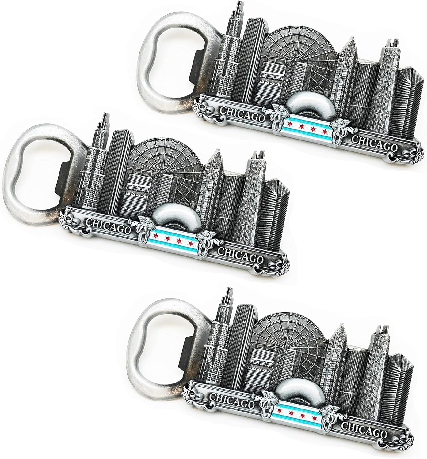 Set of 3: Chicago Large Pewter Bottle Opener Refrigerator Magnets