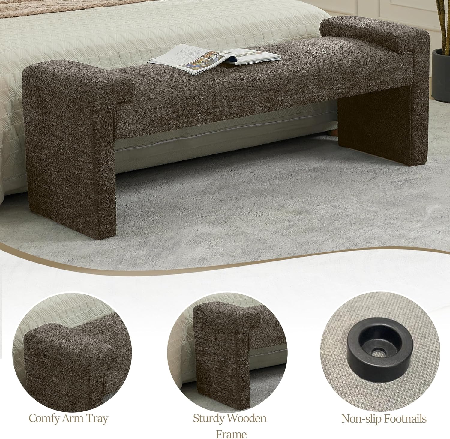 58.7" End of Bed Bench Upholstered Modern Bedroom Bench for Living Room & Entryway, Easy Assembly, Footrest Ottoman Accent Window Bench with Solid Wood Frame & Curved Arm, Brown