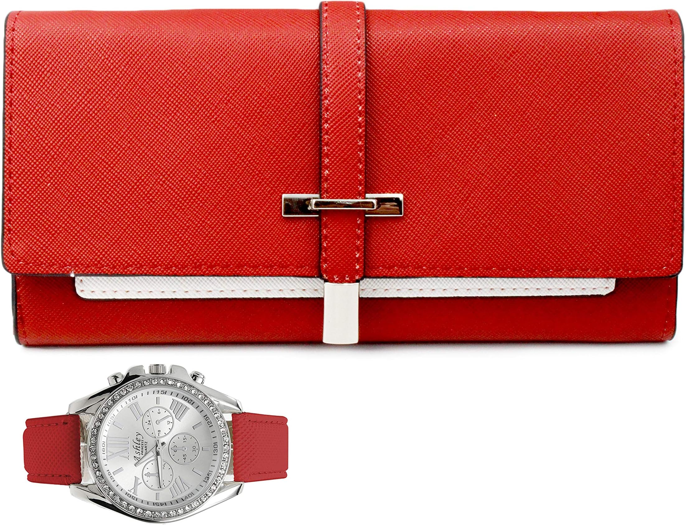 Women's Easy Reader Colorful Watch Matching with Perfect Colorful Wallet which Holds Smartphone, Credit Cards, Cash & Change Organized & Elegantly Impressive Gift Set - ST10234A