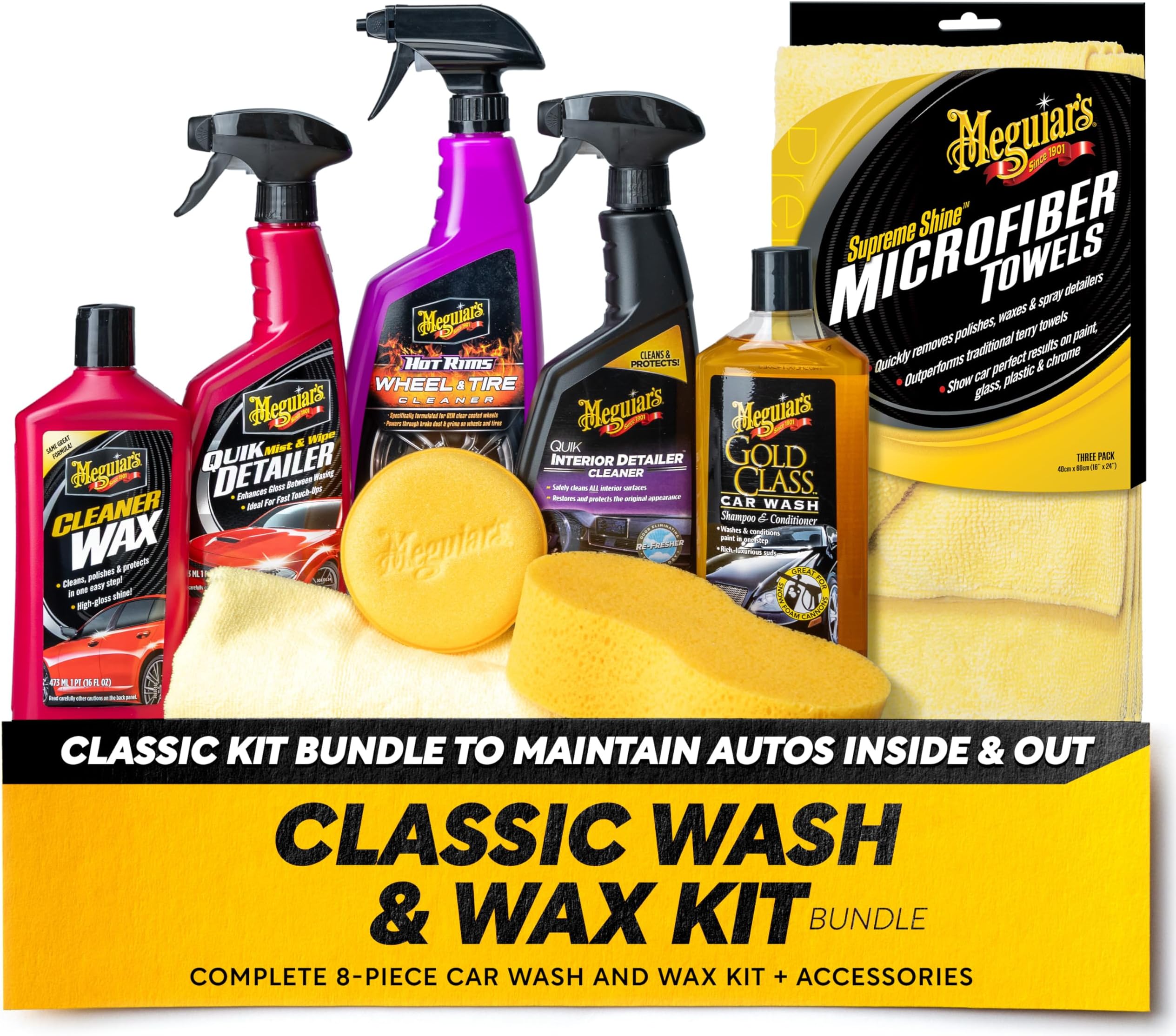 Meguiar's Classic Wash & Wax Kit with Supreme Shine Microfiber Towels Budget-Friendly Bundle with Car Wash Soap, Wax, and Interior Auto Detailing Supplies to Clean, Restore, and Protect Your Vehicle