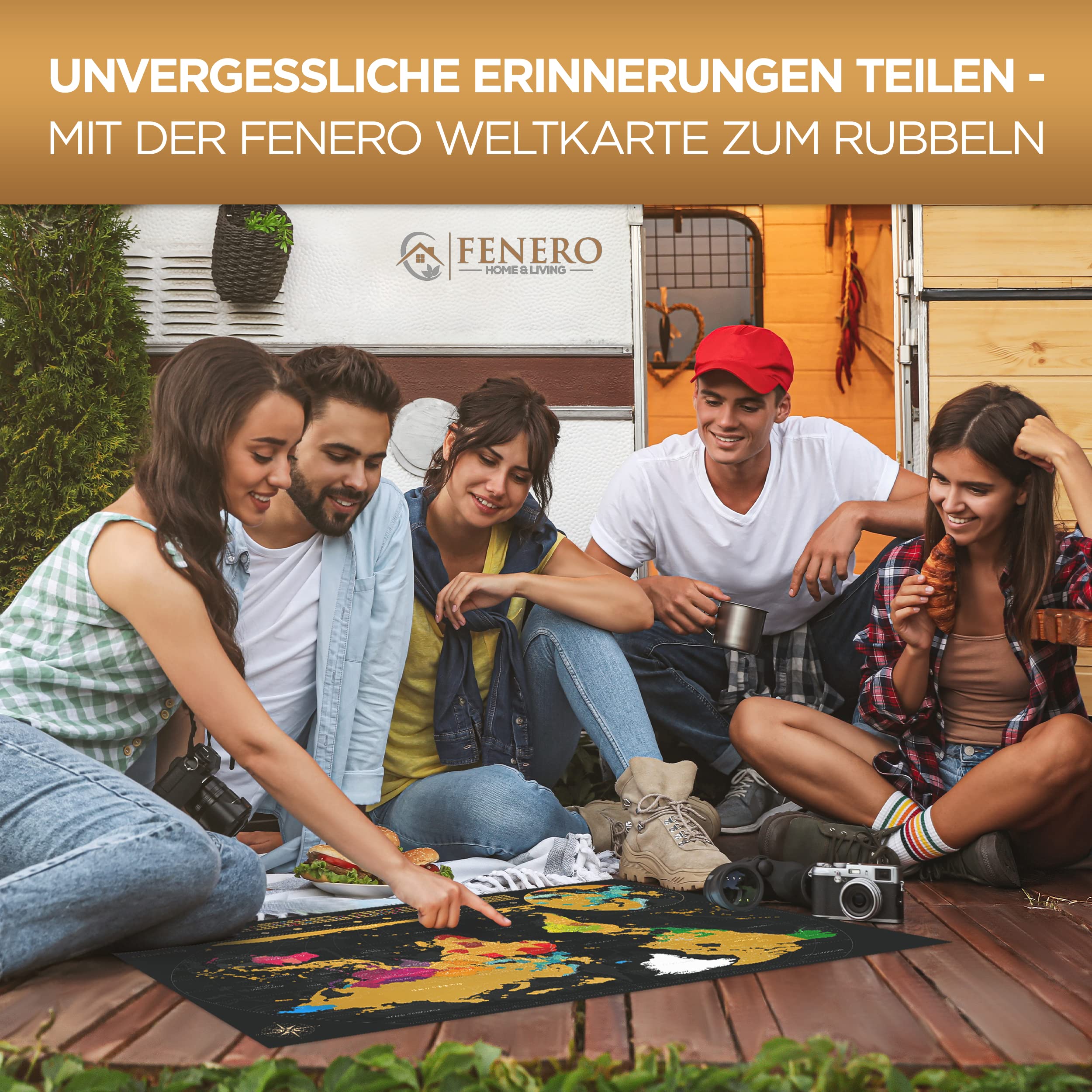 FENERO Weltkarte zum Rubbeln XXL [DIN A1] - aus exklusivem Kunststoff - Rubbel-Weltkarte Deutsch - Landkarte zum Rubbeln mit Marker, Plektrum & Täschchen - GOLD