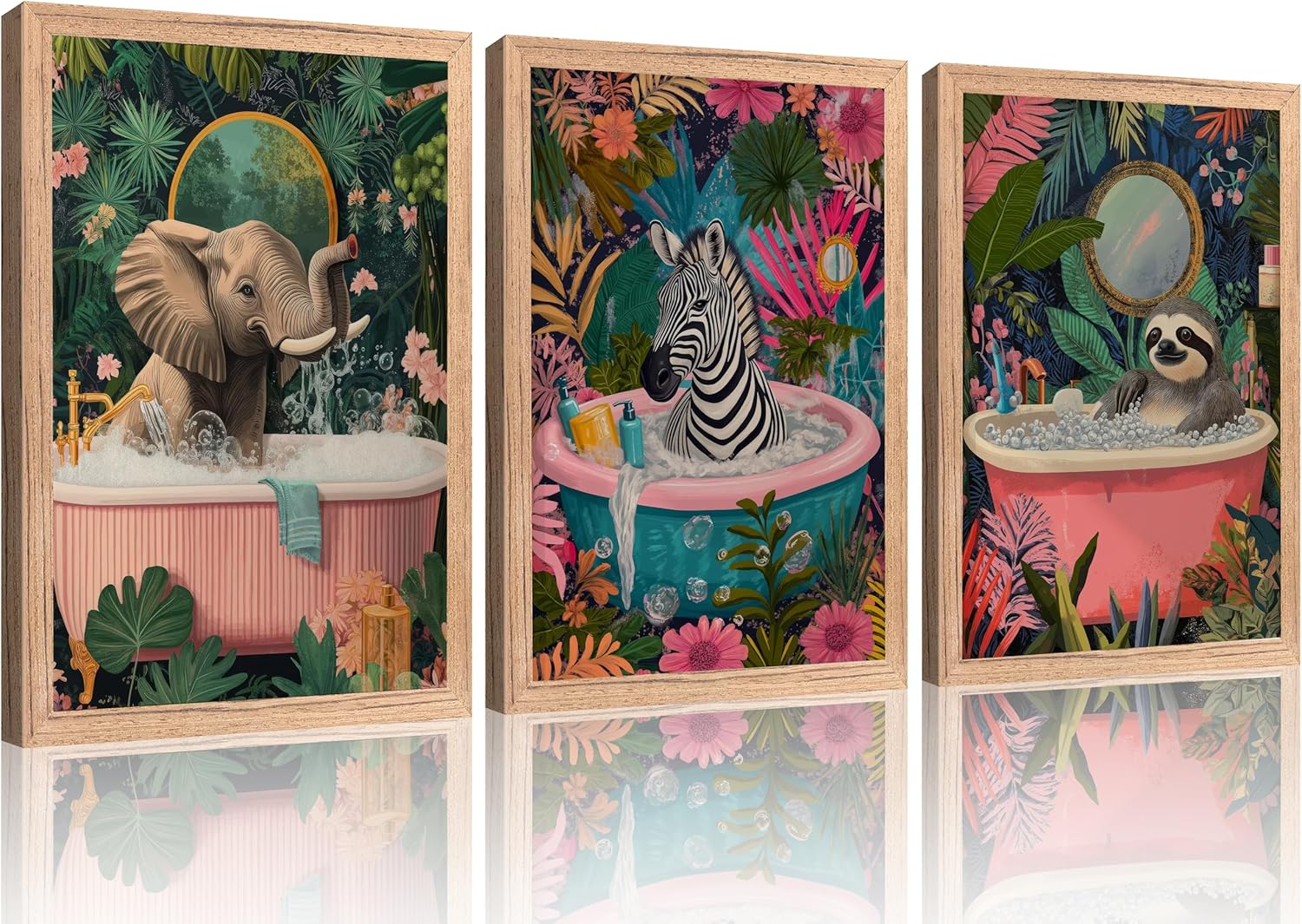 Framed Funny Jungle Animals Bathroom Wall Art Fashion Sloth Elephant and Zebra in The Pink Bath Picture Wall Decor Colorful Tropical Botanical Canvas Poster Print Artwork for Restroom Toilet