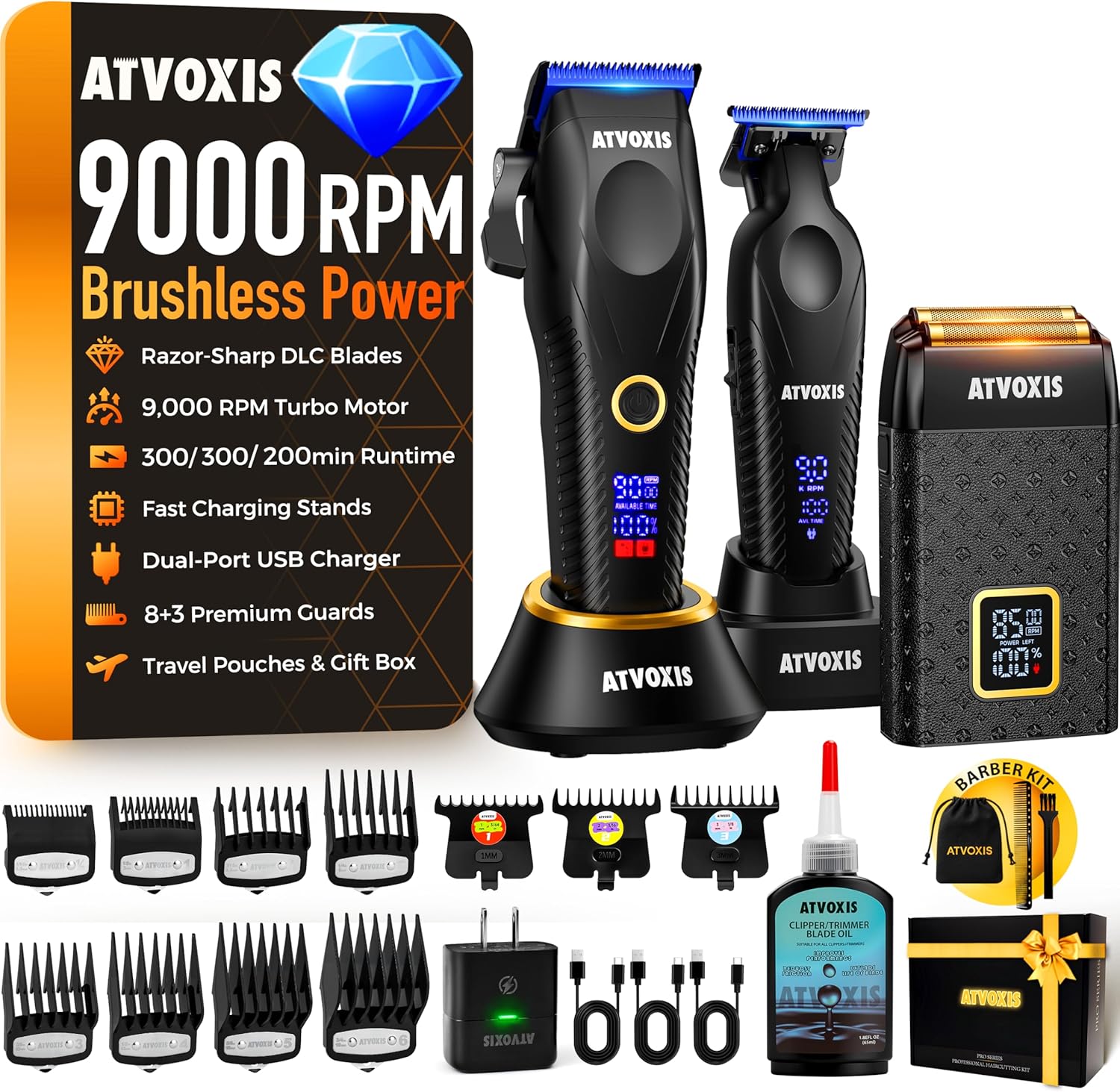 9000 RPM Brushless Motor Professional Hair Clippers Set for Men: Cordless Clippers & Zero Gap Trimmers with DLC Blades LED Display Fast Charging Stands Travel Pouch Maquina Para Cortar Pelo De Hombre