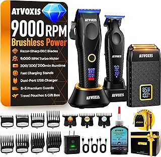 9000 RPM Brushless Motor Professional Hair Clippers Set for Men: Cordless Clippers & Zero Gap Trimmers with DLC Blades LED Display Fast Charging Stands Travel Pouch Maquina Para Cortar Pelo De Hombre