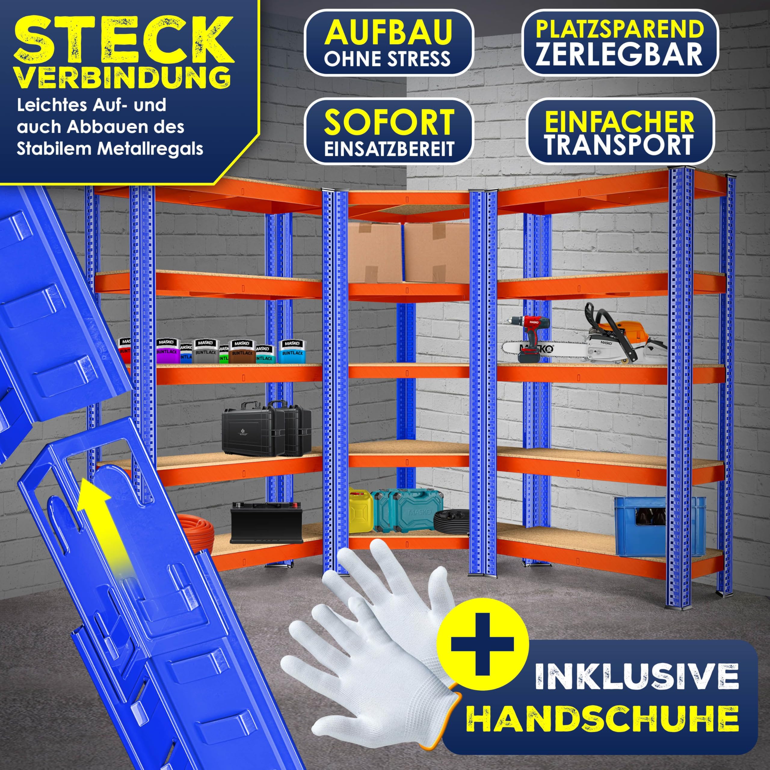 KESSER MASKO® 3-częściowy zestaw regałów, metalowy, regał magazynowy, 1 x regał narożny i 2 x regał magazynowy, 15 półek | płyta MDF, regał warsztatowy, do piwnicy, garażu, regał wtykowy do dużych
