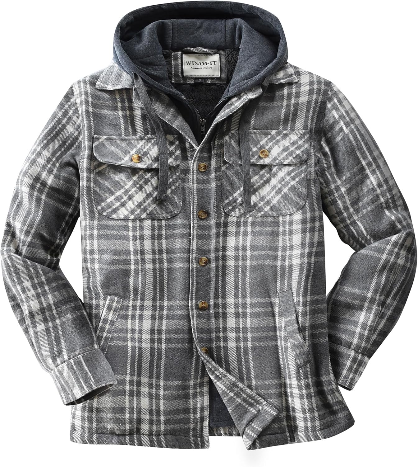 KOMANA Men's Zip Button Sherpa Plaid Flannel Shirt Jacket with Hood - Image 2