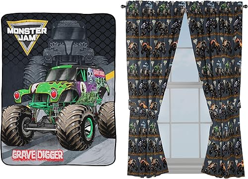 Monster Jam Slash - Manta de 5 piezas, incluye manta, cortinas