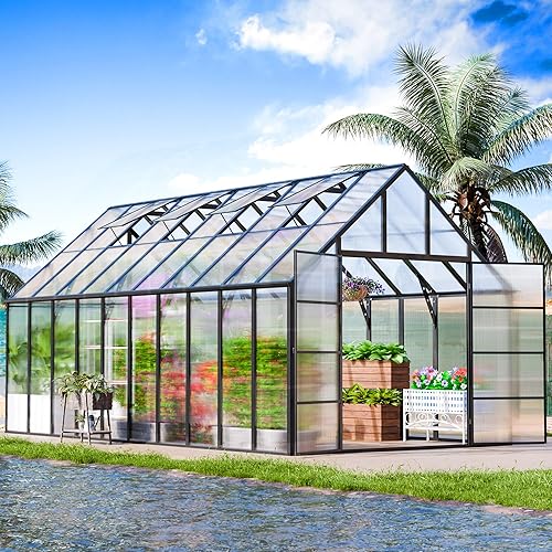 CDCASA 20x10x10 FT Greenhouse for Outdoors, Easy Assembly Large Thicker Aluminum Heavy Duty Polycarbonate Greenhouses Kit w/4 Vent Window, Walk-in Green House for Sunroom Patio,Backyard