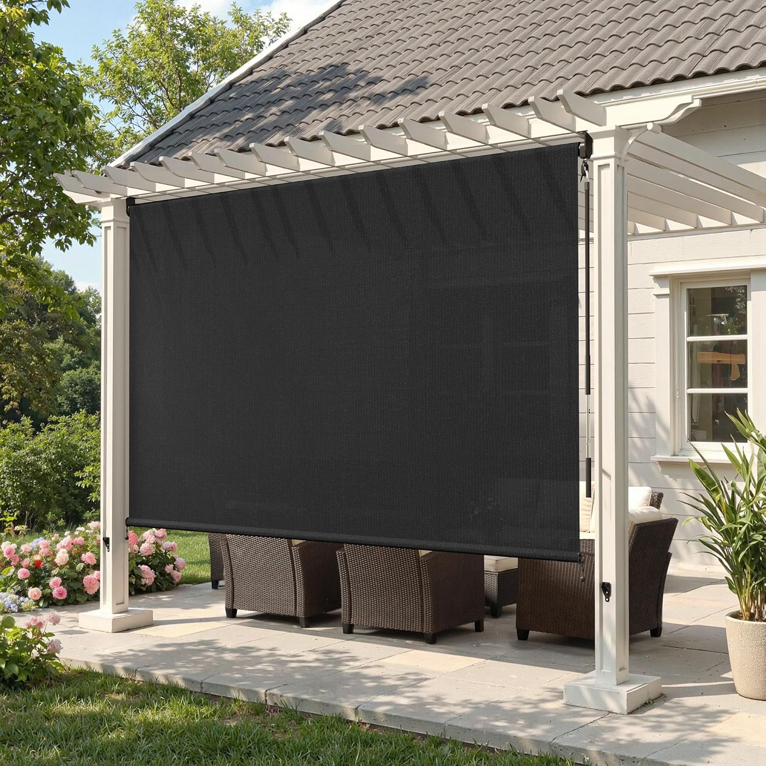 Outdoor Roller Shades (9' W X 8' L), Cordless Patio Blinds with Wand, 220 GSM Roll Up Shade for Porch Balcony Backyard, Graphite Black