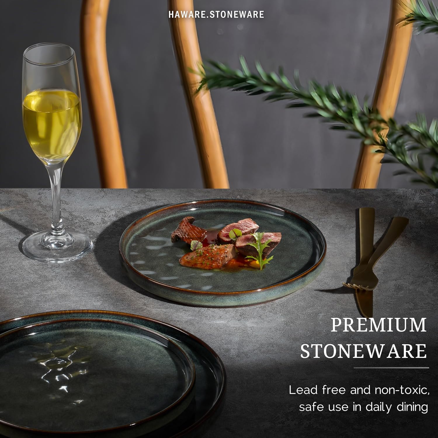 HaWare Stoneware Plates Set of 6, 7.9" Salad Plates, Reactive Glaze Ripple Ceramic Dish Set for Appetizer, Scratch Resistant, Small Dinner Plate, Microwave and Dishwasher Safe, Reactive Moss Green