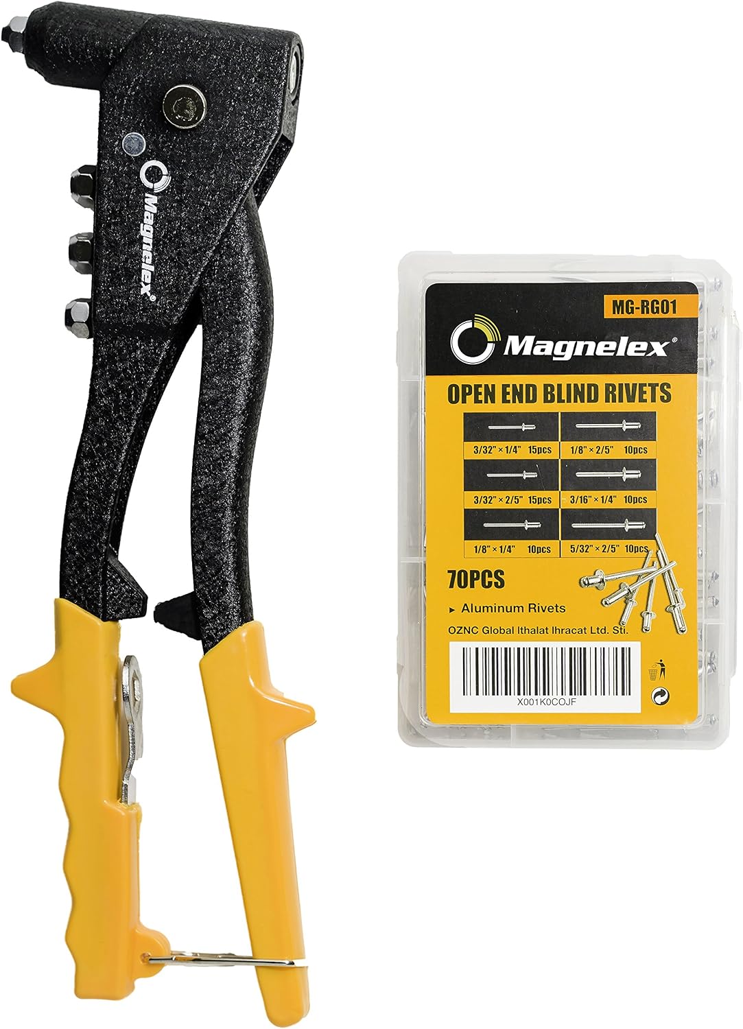 Magnelex Pop Rivet Gun with 70-Piece Rivet Set and Nozzle Wrench. Contractor Grade Hand Riveter. 4 Different Nozzles Included.
