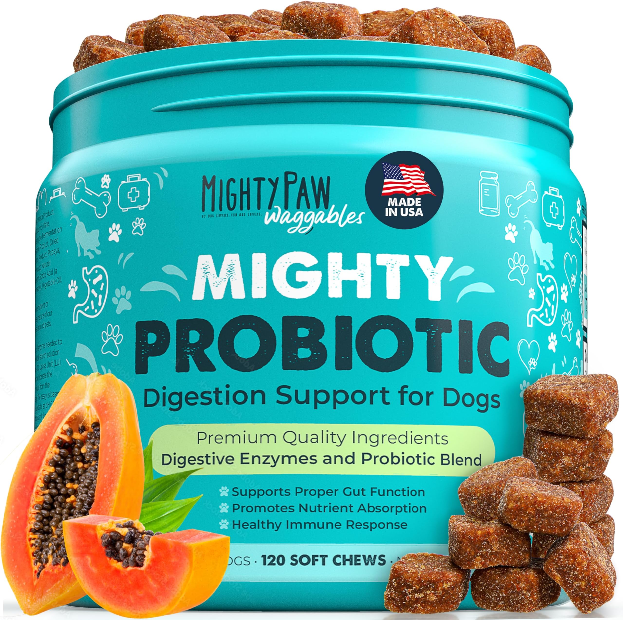 Waggables Probiotic Chews for Dogs (Made in USA) | Dog Probiotics & Digestive Enzymes. Bacon Flavor Probiotic for Dogs Digestive Health. Prebiotics, Probiotics for Dog Gut Health (120 Ct)