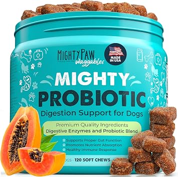 Mighty Paw Waggables Probiotic Chews for Dogs Made in USA | Dog Probiotics & Digestive Enzymes. Bacon Flavor Probiotic for Dogs Digestive Health. Prebiotics, Probiotics for Dog Gut Health 120 Ct