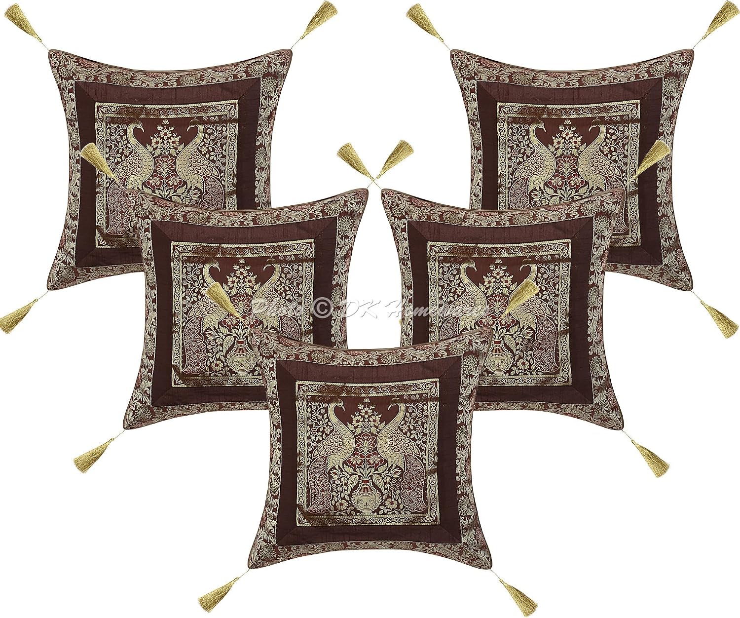 Ethnic Throw Pillowcases 18 Inch Brocade Jacquard Weave Decorative Square Peacock Cushion Covers (Size - 45x45 cm ; Color: Coffee Brown & Gold) - Set of 5 Pcs (Cover Only)