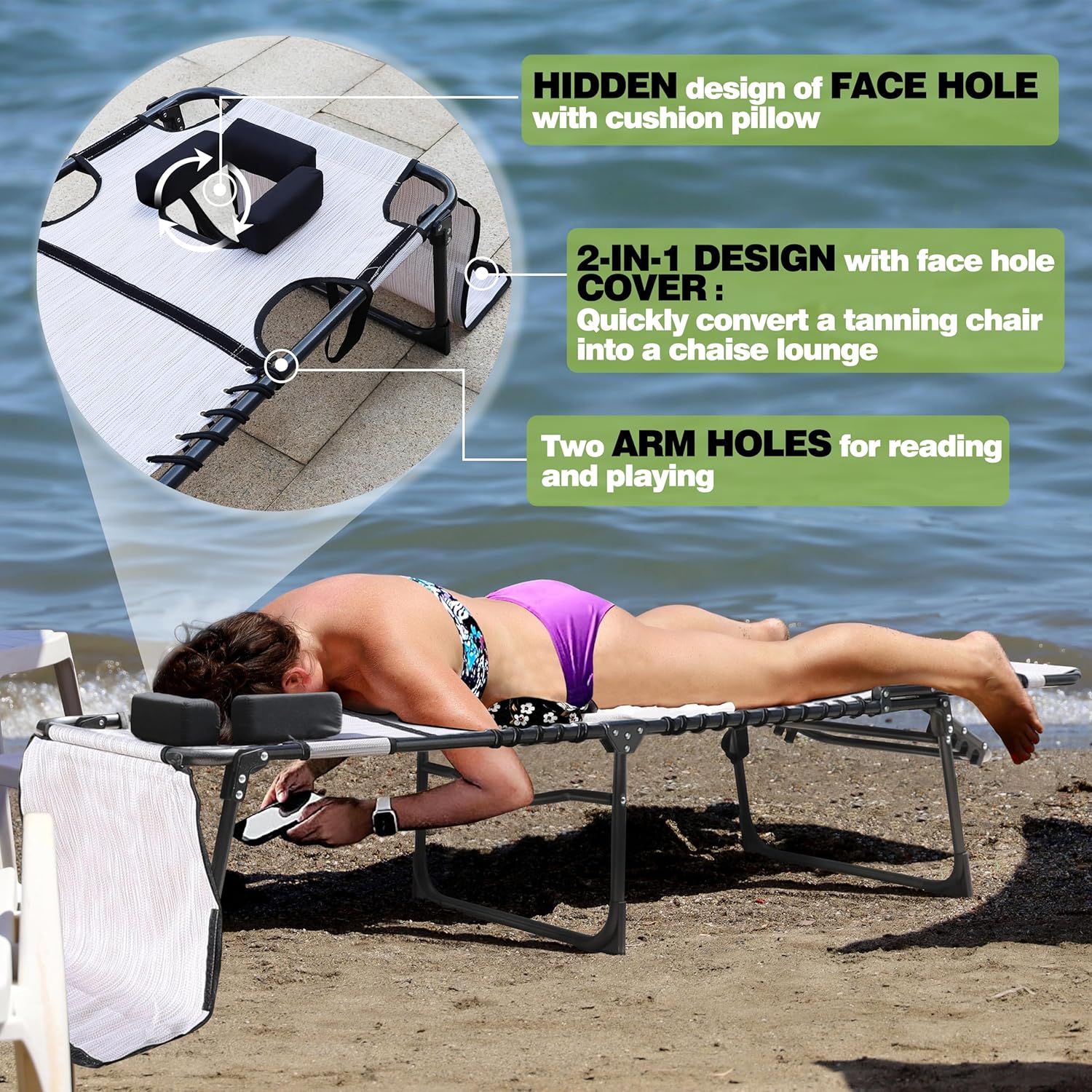 MUPATER Patio Chaise Lounge Chair for Outdoor with Face Hole, 4-Fold Ajustbale Backrest, Removable Pillow and Detachable Pocket, Portable Sun Lounger Recliner for Beach, Camping and Pool, Beige