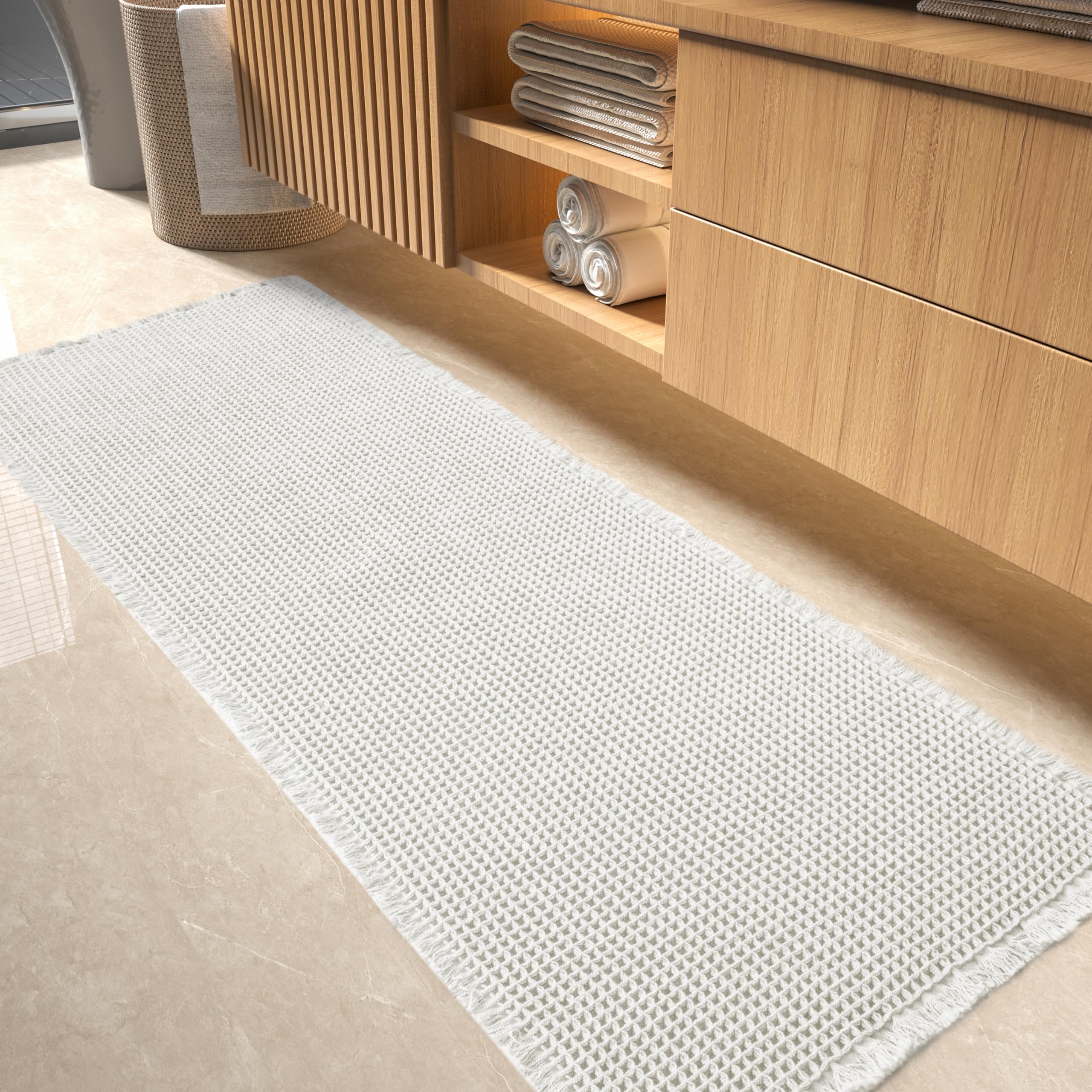 Waffle Bath Mat-Runner Rug, Super Absorbent Non Slip Bath Mats for Bathroom Runner Rug Machine Washable Long Bathroom Rugs with Tassels, Bath Rugs for Bathroom Floor Beside Tub, 2' x 4'(24" x 48")