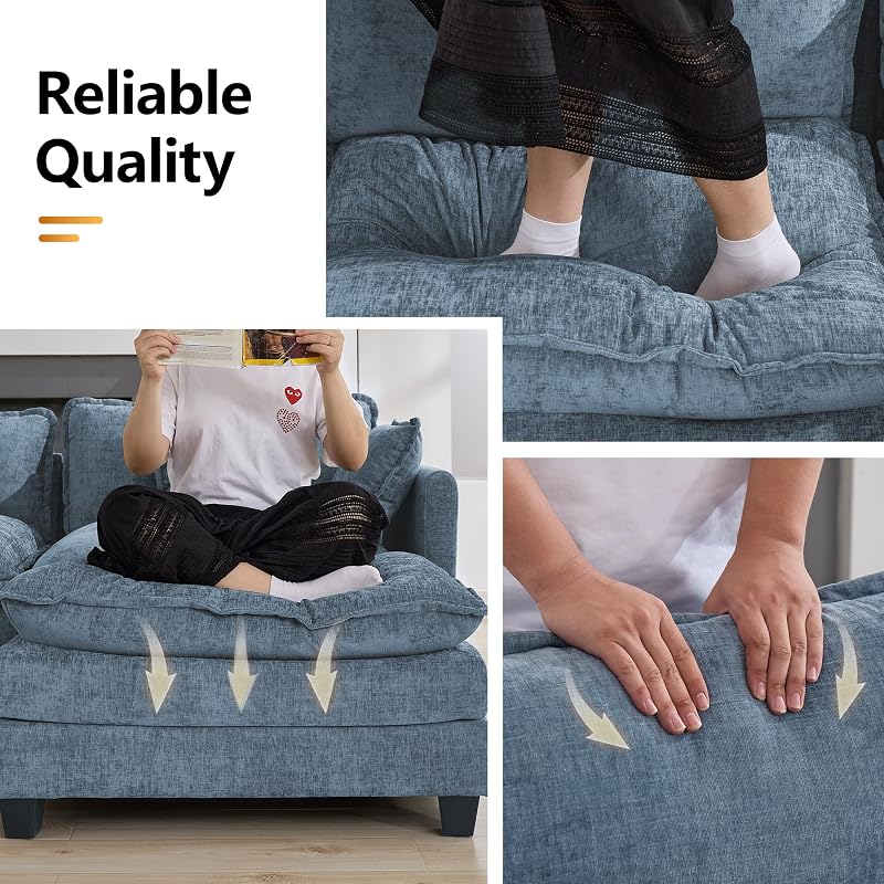 111'' Sectional Cloud Deep Seat Couch, Modern Comfy Chenille Modular Sectional Sofa for Living Room Set, Upholstered Modular 3-Seats Sofa Couch, Blue image 5