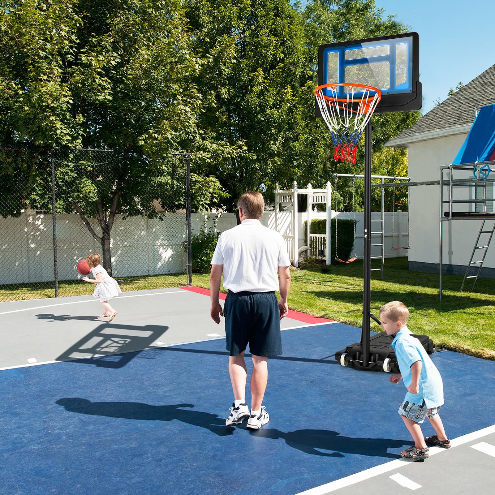 GOPLUS Basketballkorb Outdoor für Kinder Jugendliche, 90-210cm Korbhöhe verstellbar, Basketballständer tragbar mit Rollen, Basketballkorb mit Ständer und 76x50cm Rückwand