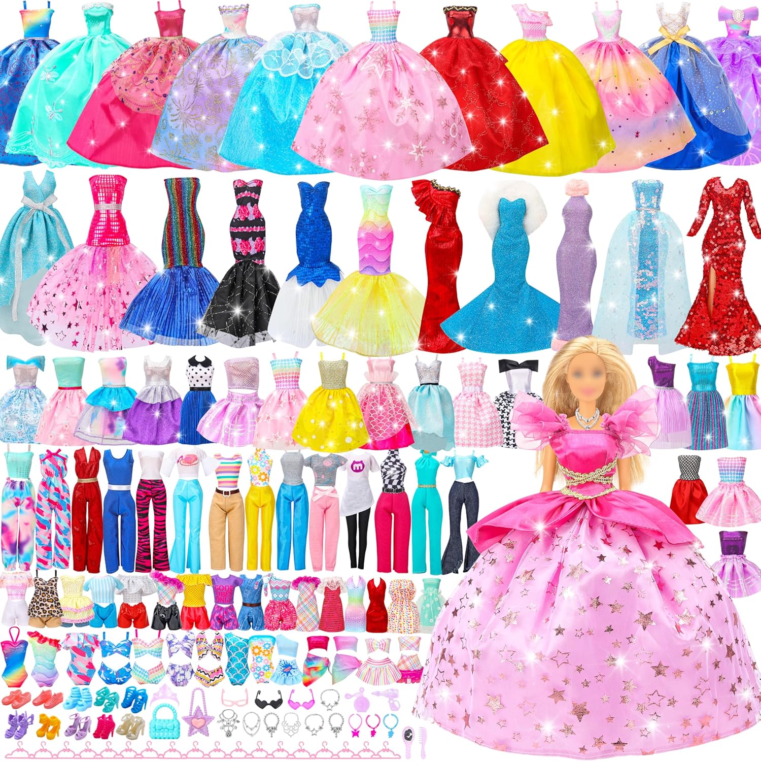 70 Pcs Doll Clothes and Accessories,4 Wedding Gowns 2 Evening Dresses 8 Fashion Dresses 6 Set Casual Outfit Top and Pant 2 Swimsuit,18 Hanger 10 Shoe 20 Accessories Toys for Girls Kid Gift