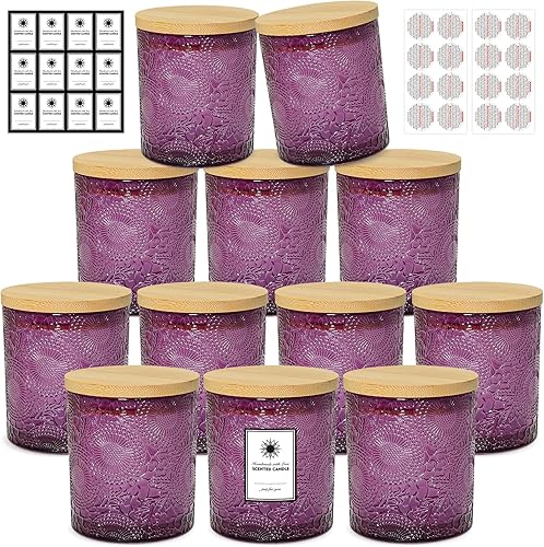 SUPMIND Tarros de velas en relieve de 8 onzas para hacer velas, paquete de 12 tarros de vela morados de lujo a granel con tapas de bambú, etiquetas
