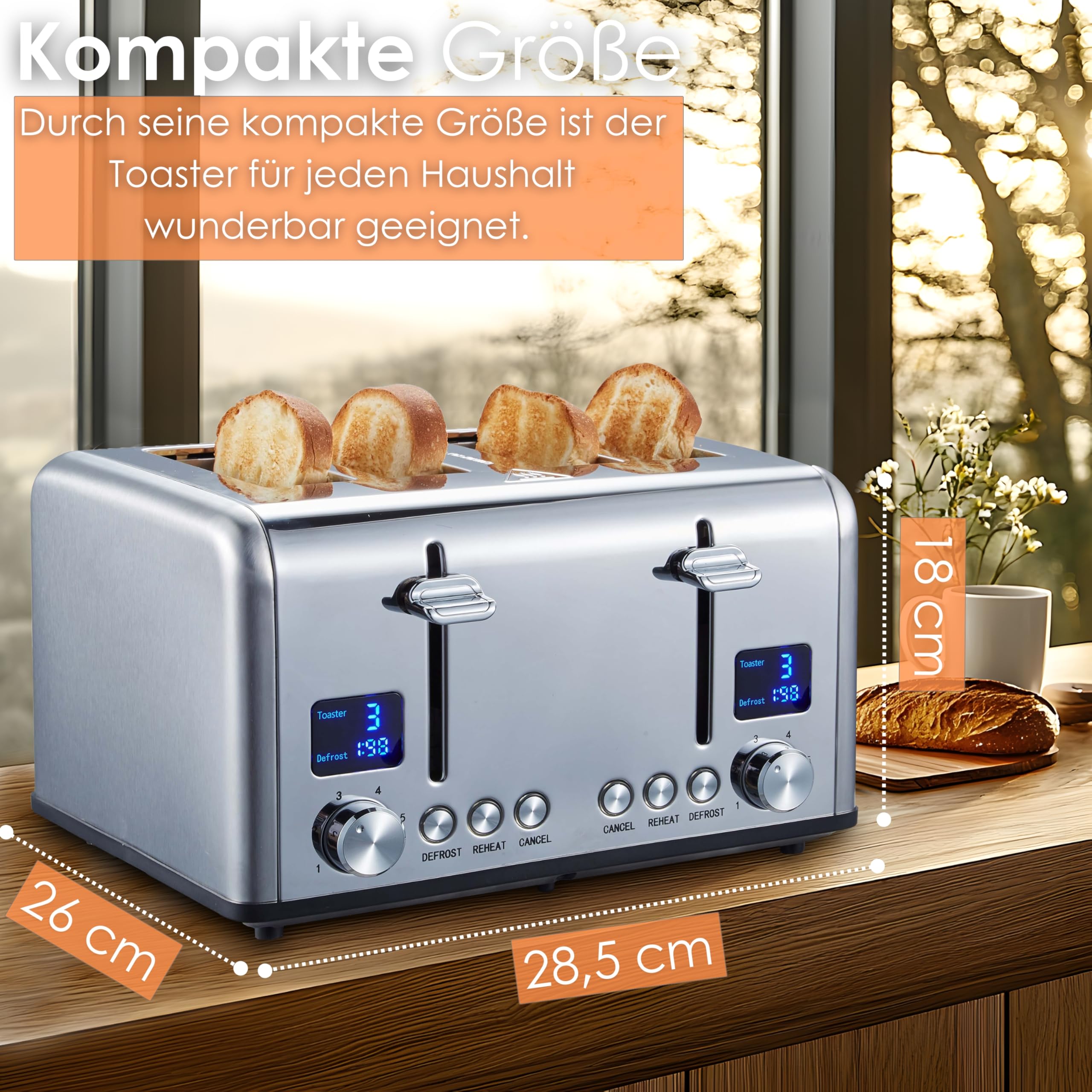 Steinborg Toaster Langschlitz | Digitales Display mit Countdown | Beleuchtete Tasten | 4 Scheiben Toastautomat | XXL Toaster | 1630 Watt | Brötchenaufsatz | Auftau-Funktion | Krümmelschublade |