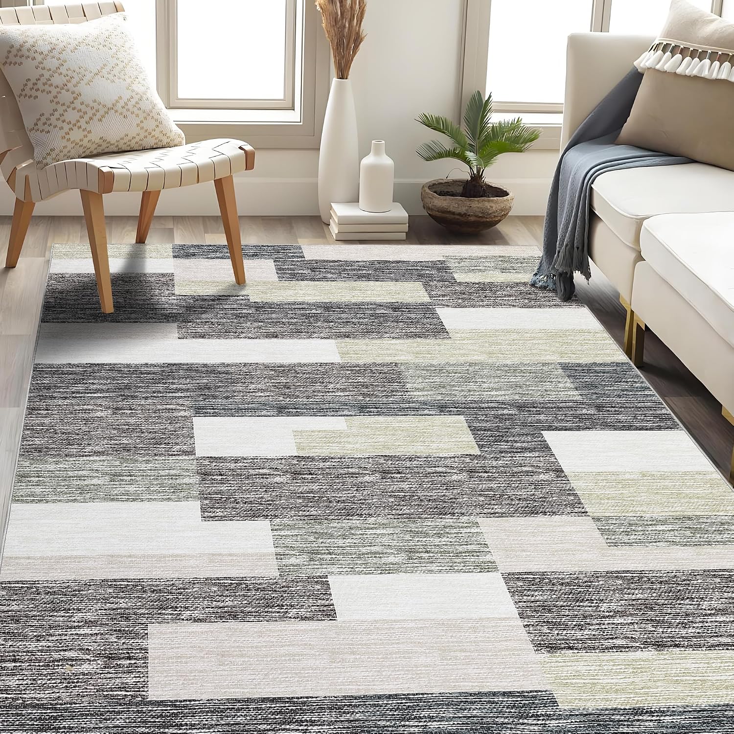 Modern Area Rug 5 x 7 Geometric Patchwork Accent Carpet with Non-Slip Backing, Washable Low Pile Indoor Mat, Foldable Contemporary Throw Rug for Bedroom, Living Room, Gray Camel