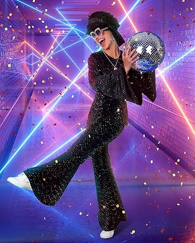 Miniatura 6 de Jexine - Disfraz de Halloween, disfraz de ropa disco de los años 70 para mujer, conjunto de top y pantalones de disfraz de fiesta disco, lentes de