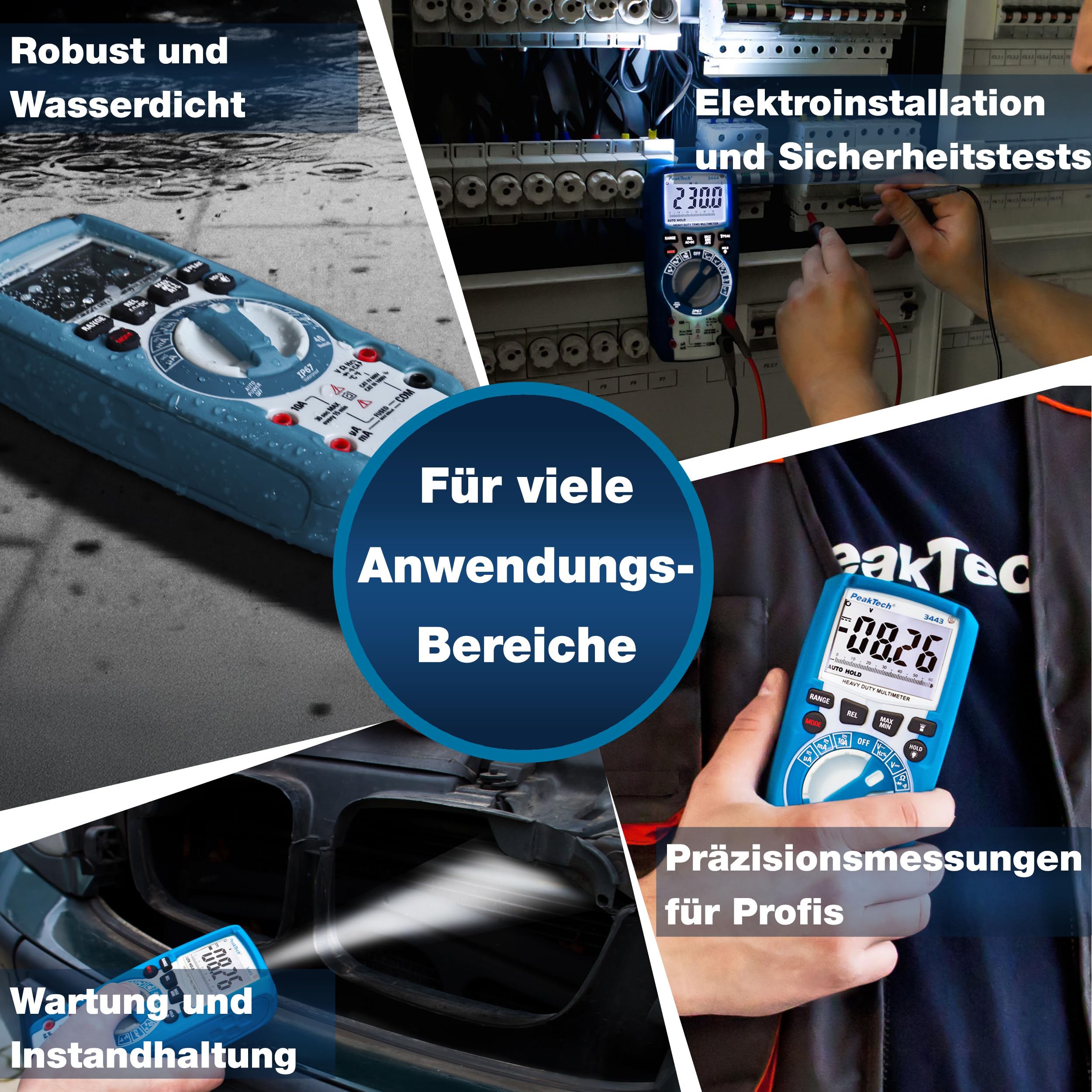 PeakTech 3443 – Multimetro digitale con illuminazione a LED, Impermeabile (IP67), 6000 conteggi, Custodia estremamente robusta, Multimetro tascabile, Voltmetro, Tester di continuità - CAT III 1000V