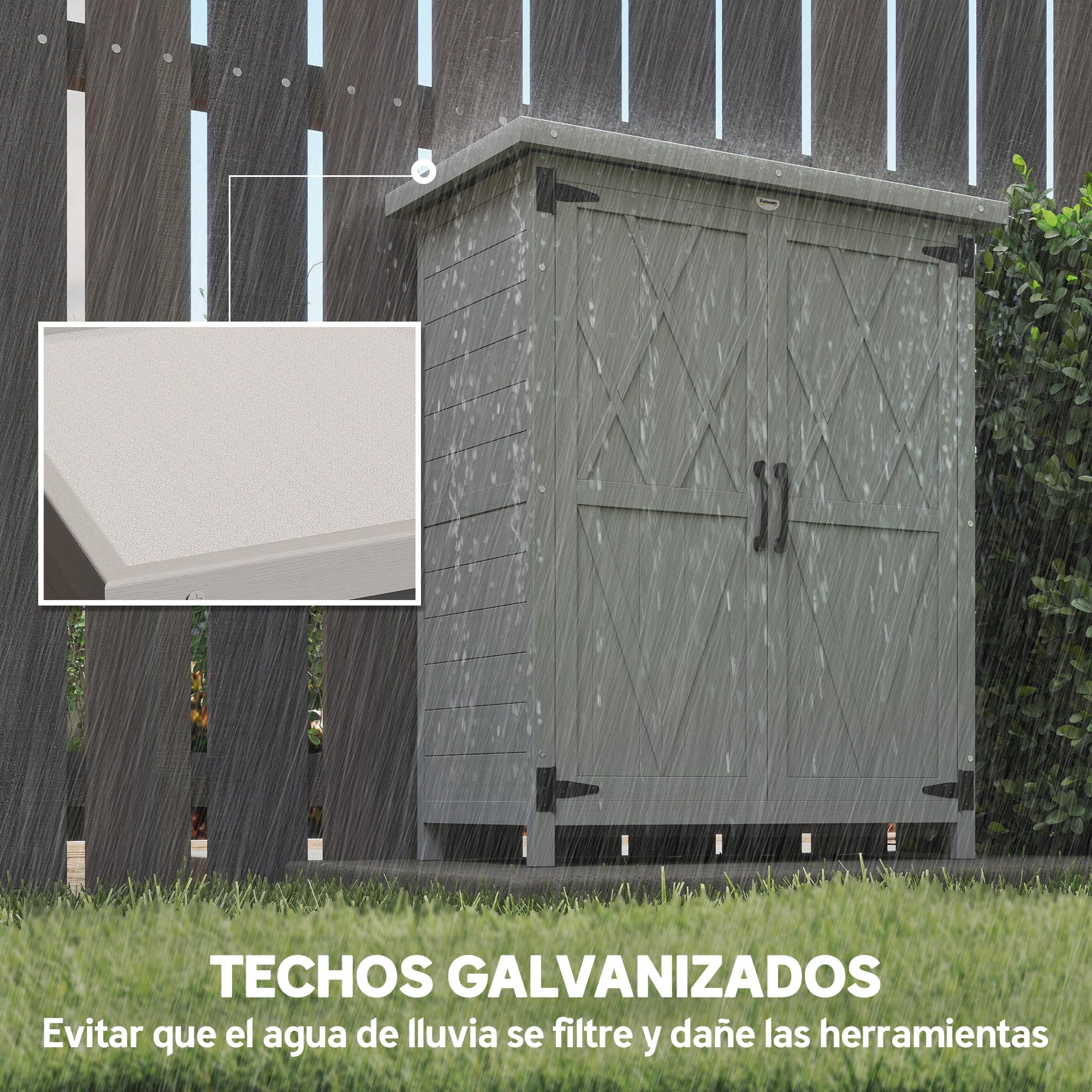 Outsunny Caseta de Jardín de Madera, 75x40x90 cm, Cobertizo Jardín Exterior, Armario para Almacenaje de Herramientas, con 4 Estantes, 2 Puertas y Techo de Acero Galvanizado, Gris