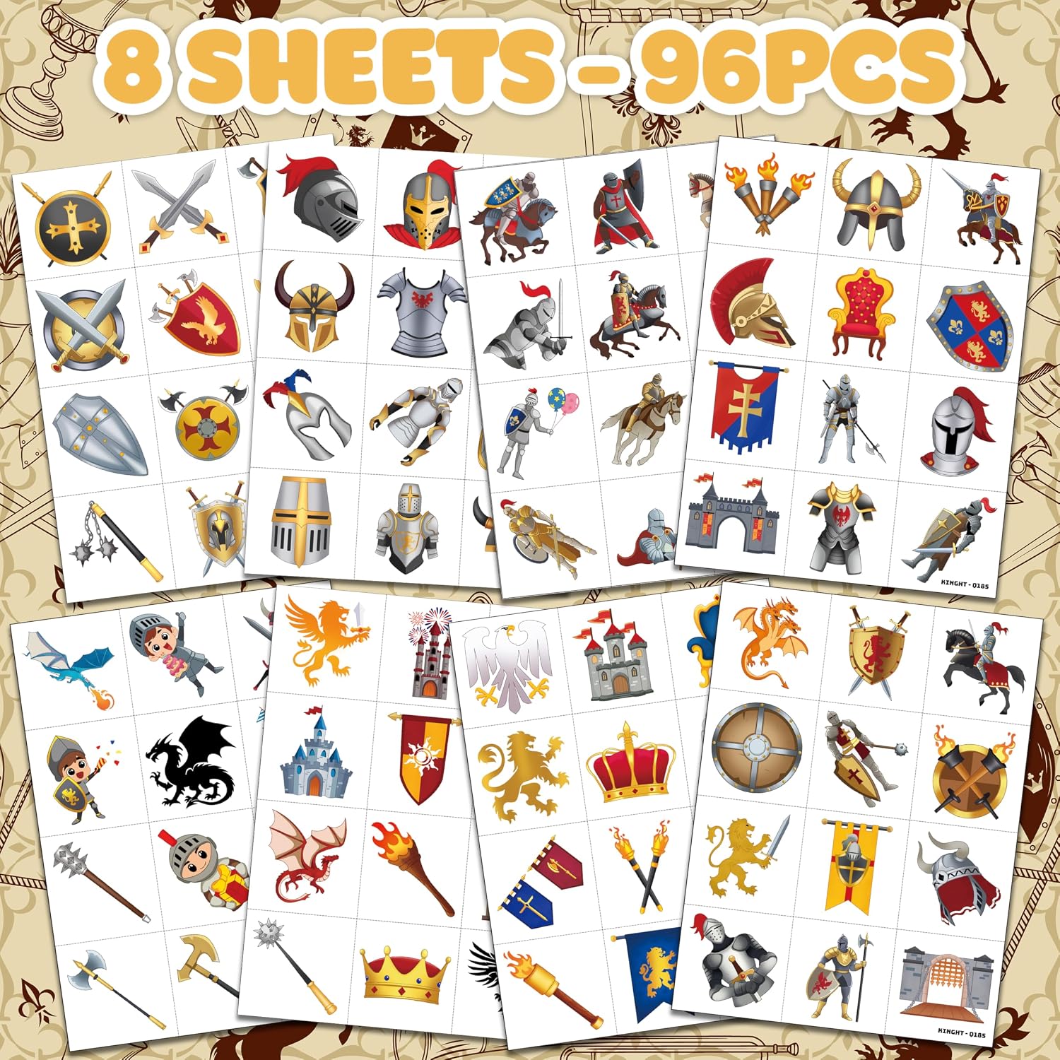 96 PCS Royal Knight Pre-Cut Temporary Tattoos for Kids image 3