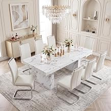 gopop Dining Table Set for 8, 79" White Marble Dining Table with PU Chairs | Large Tabletop, Wipe-Clean Surface, Padded High-Back Chairs for Everyday Meals